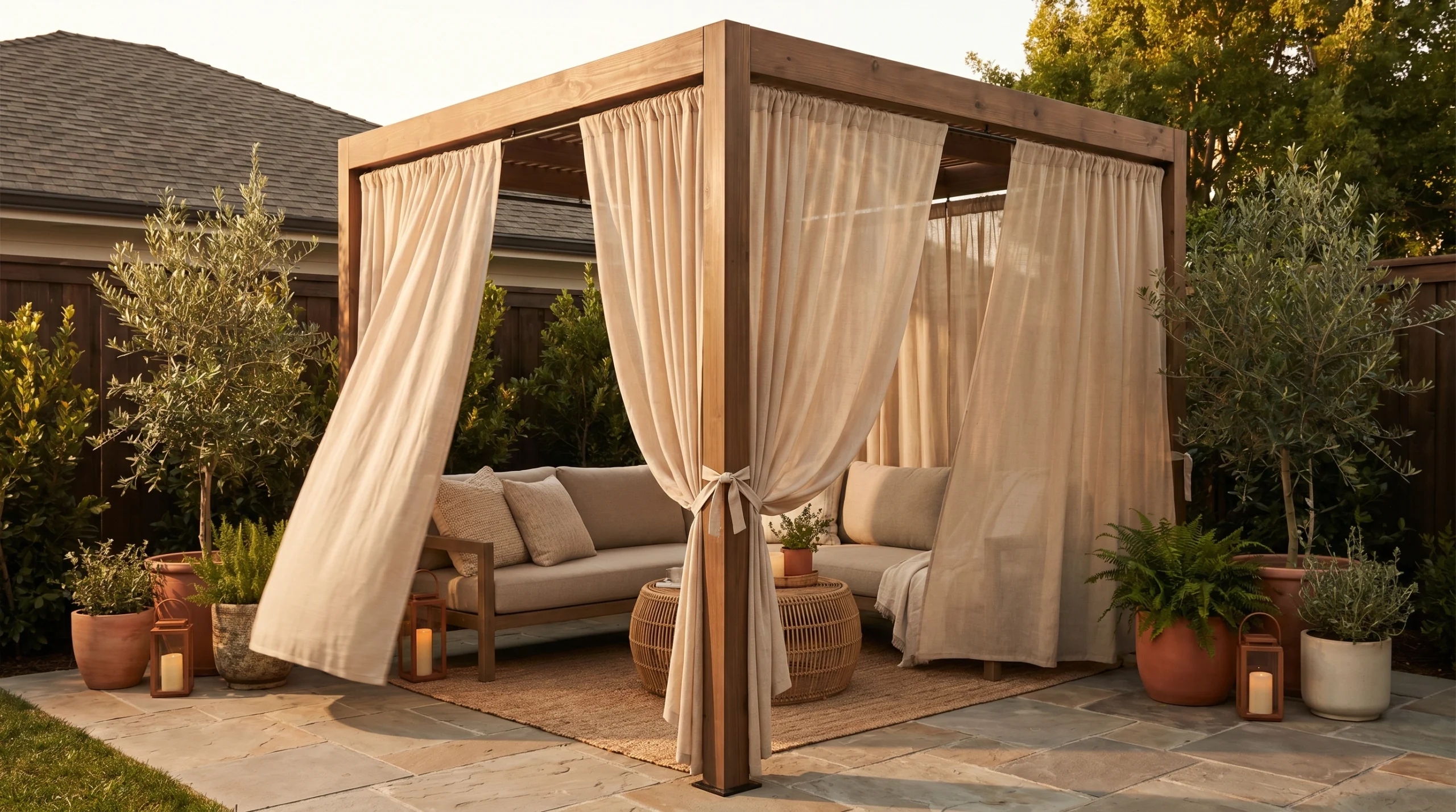 Wooden pergola nook with linen side curtains, outdoor sofa, rattan table, potted plants, and lanterns.
