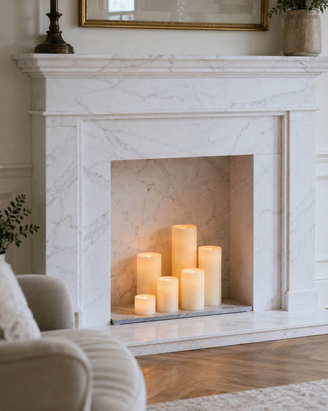 Pillar candles of varying heights arranged inside a white marble fireplace firebox