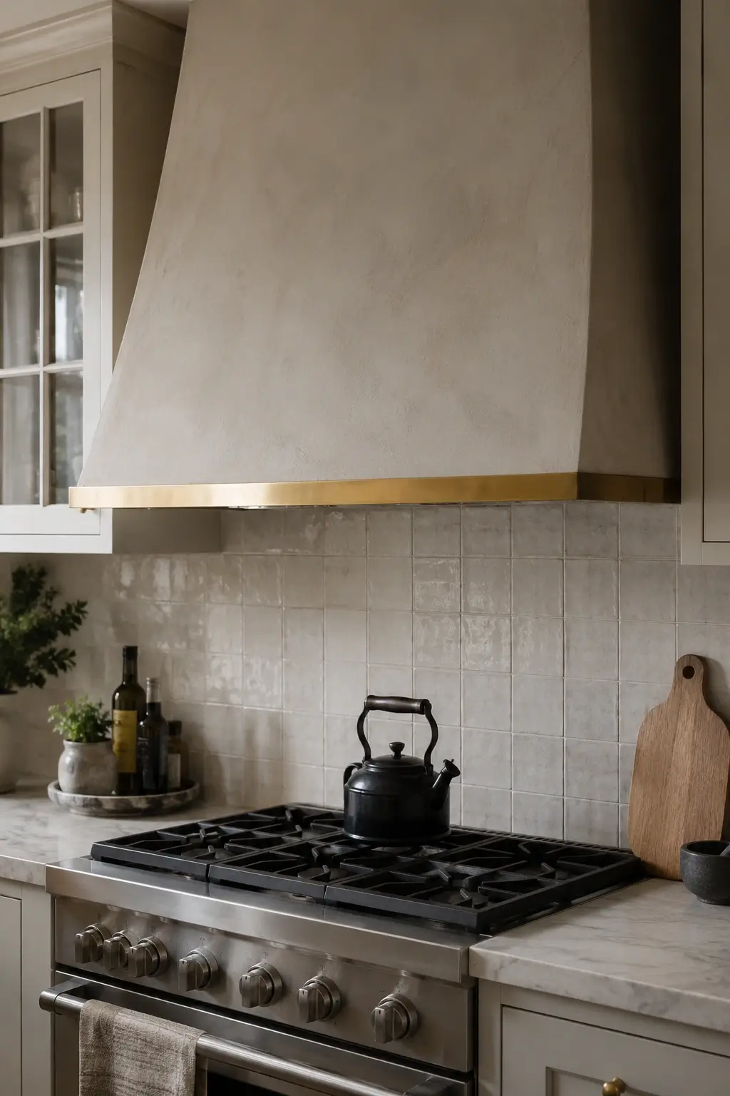 Plaster kitchen hood with a thin brass band above square zellige tile backsplash and stainless range.