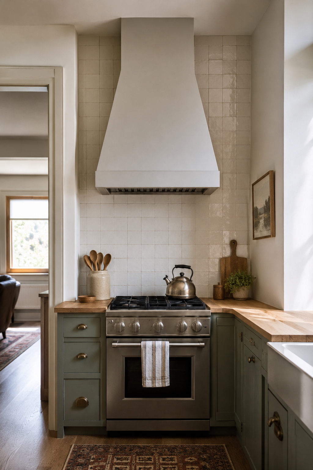 Plastered arch alcove frames a built-in kitchen hood above a range with beige tile and wood cabinets.