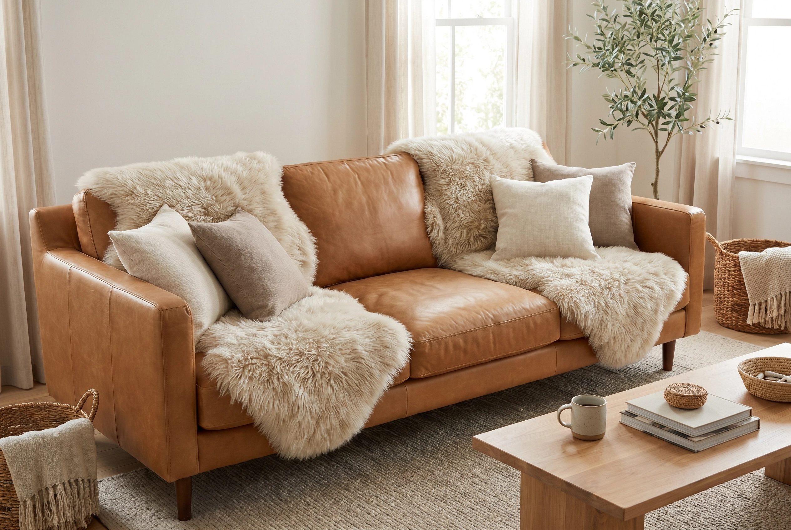 Camel leather sofa styled with plush cream sheepskin throws and neutral pillows in a cozy living room