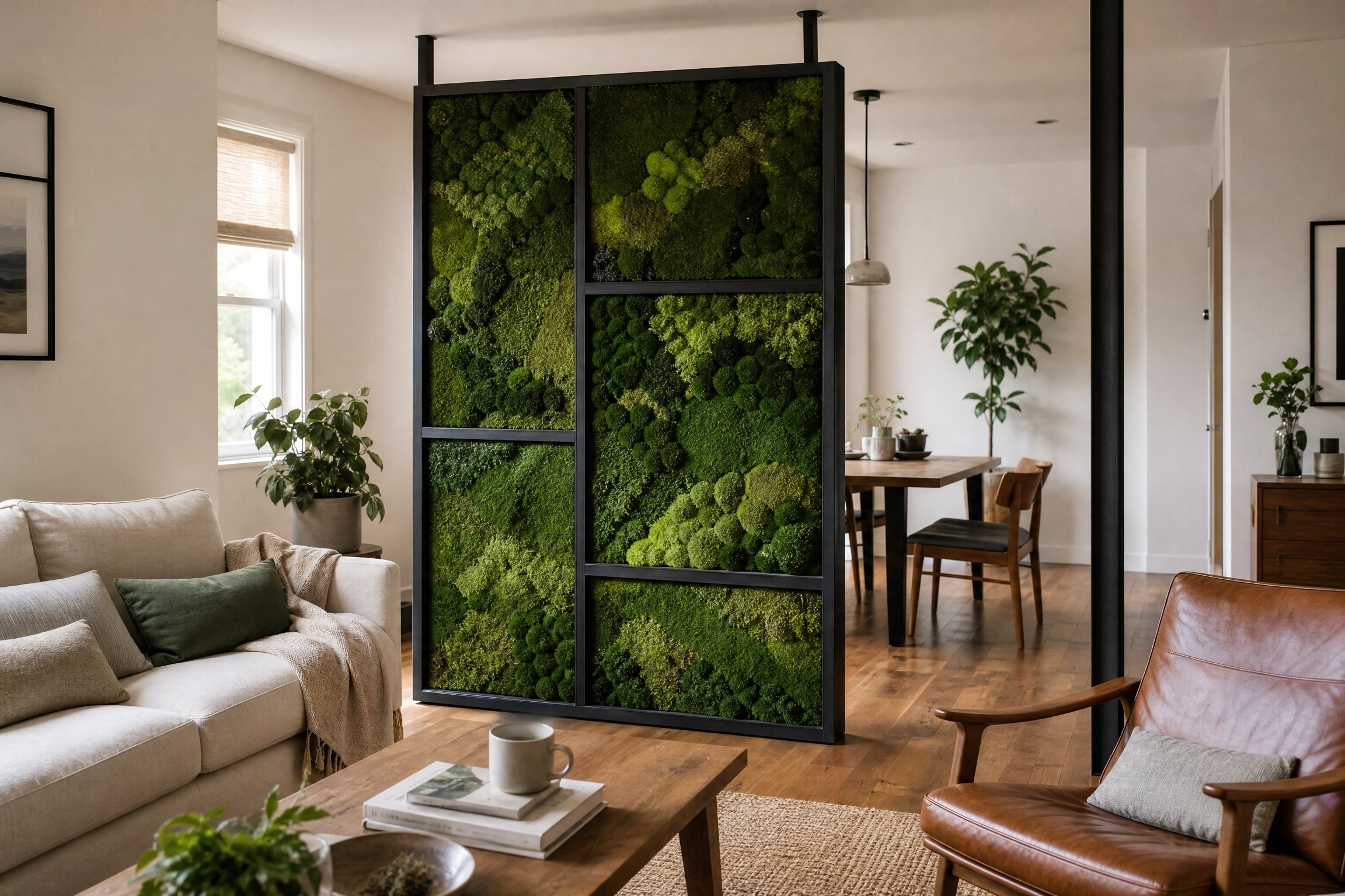 Preserved moss panel divider in a modern living room with black metal frame, wood floors, and indoor plants.