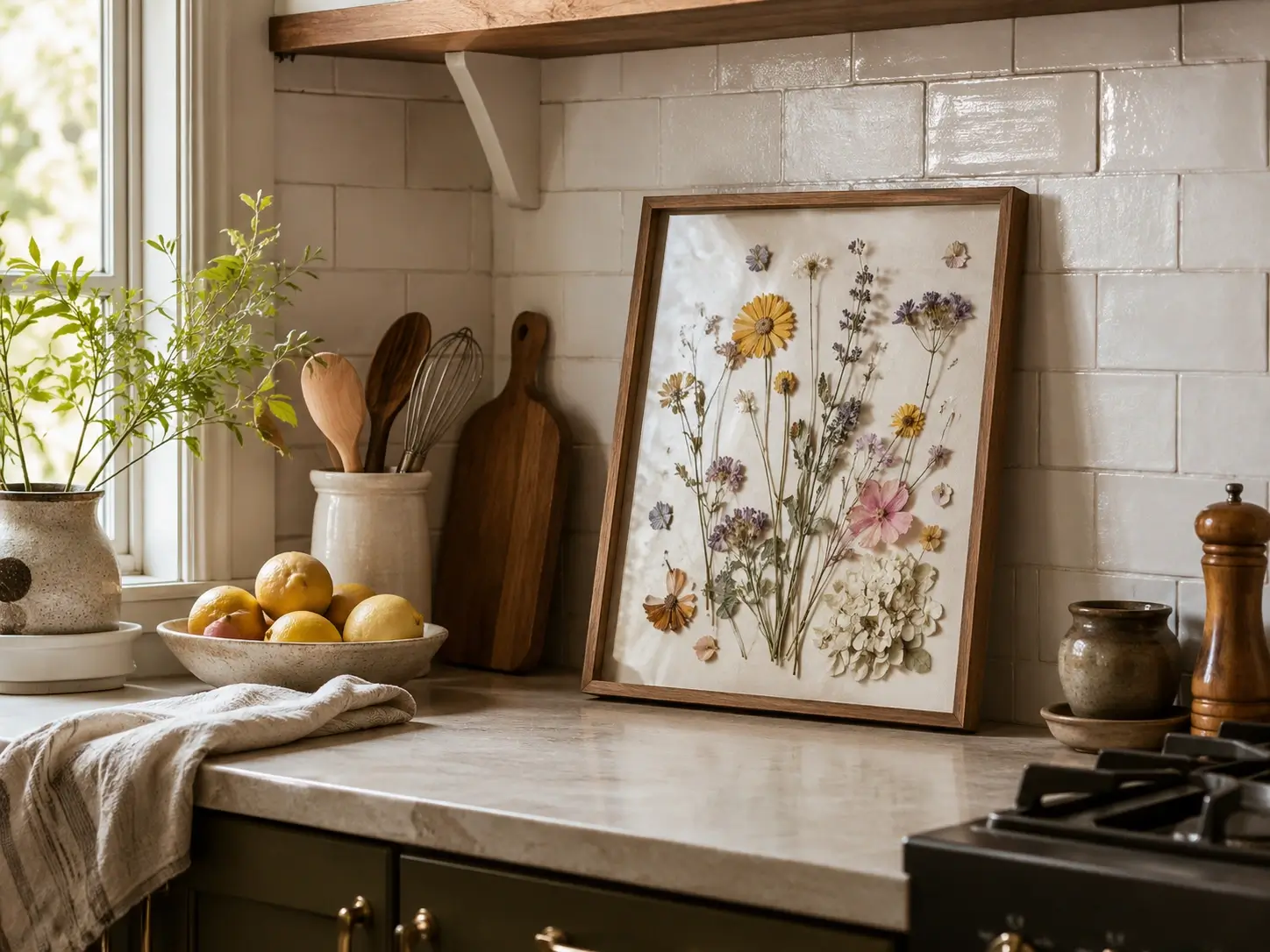 Framed pressed flower art leaning against a white tile kitchen backsplash beside wood utensils and lemons.