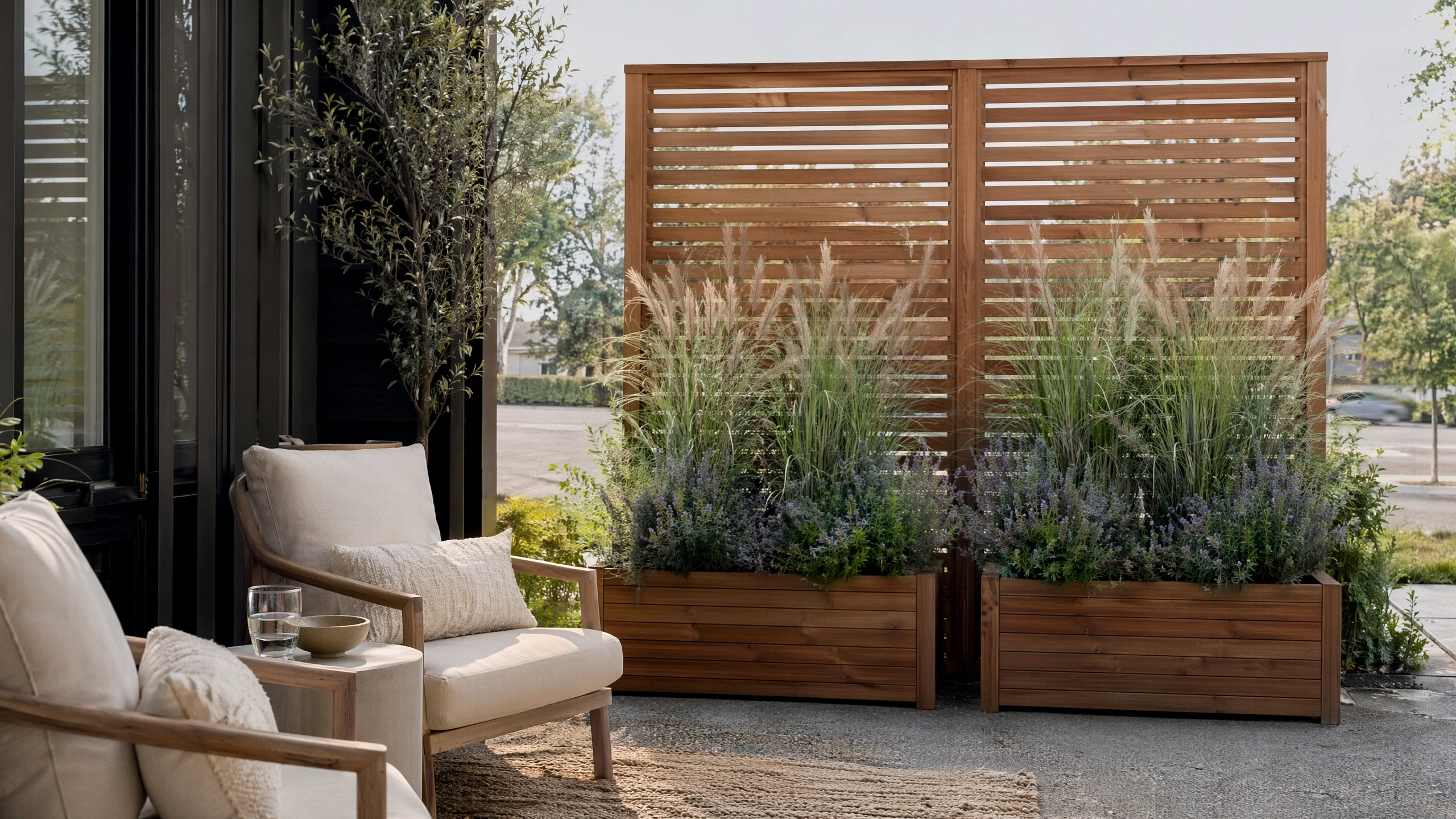 Wooden privacy screen wall with built-in planters, ornamental grasses, and patio lounge chairs.