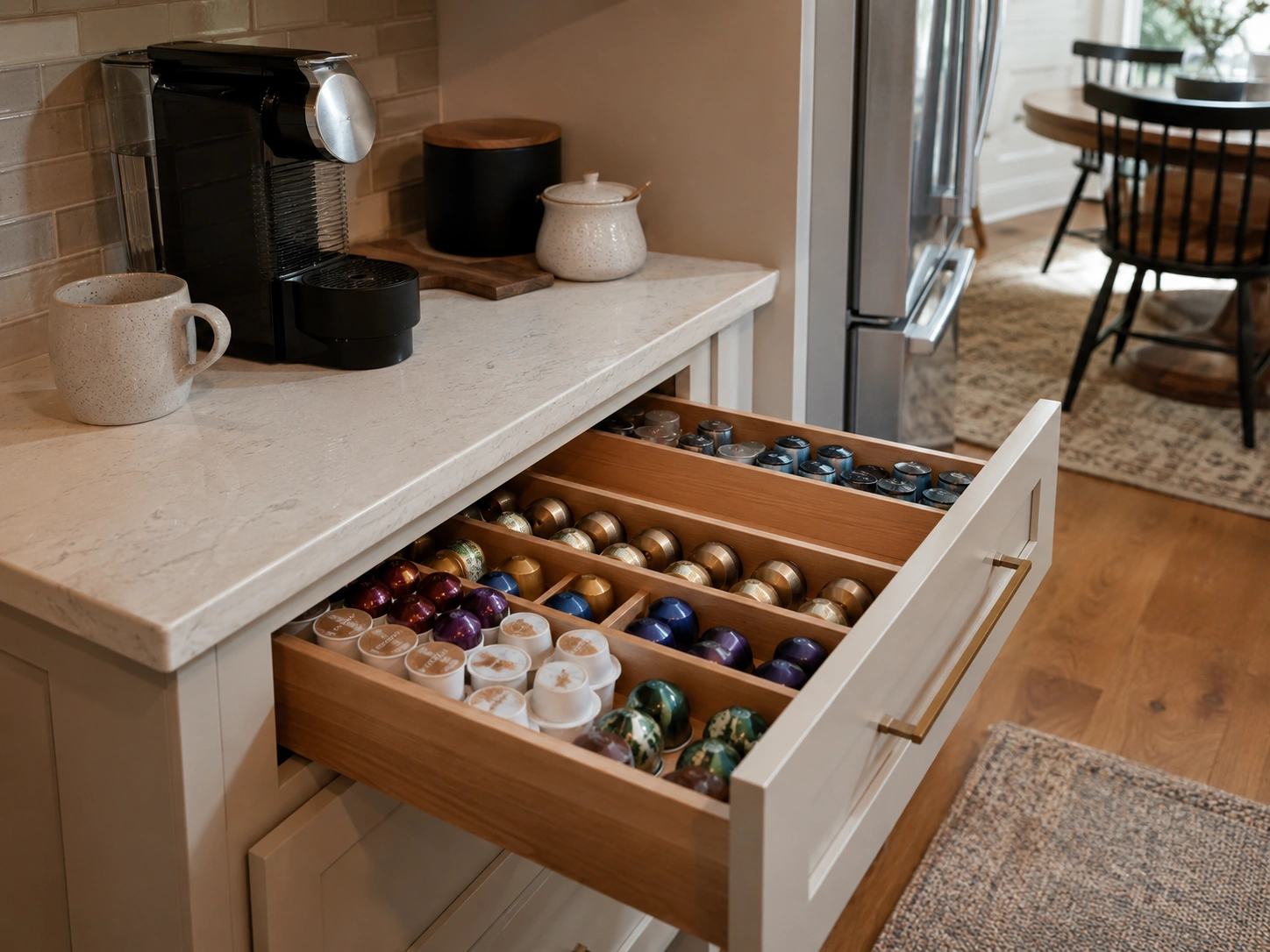 Pull-out drawer pod organizer inside a base cabinet below a compact coffee station.