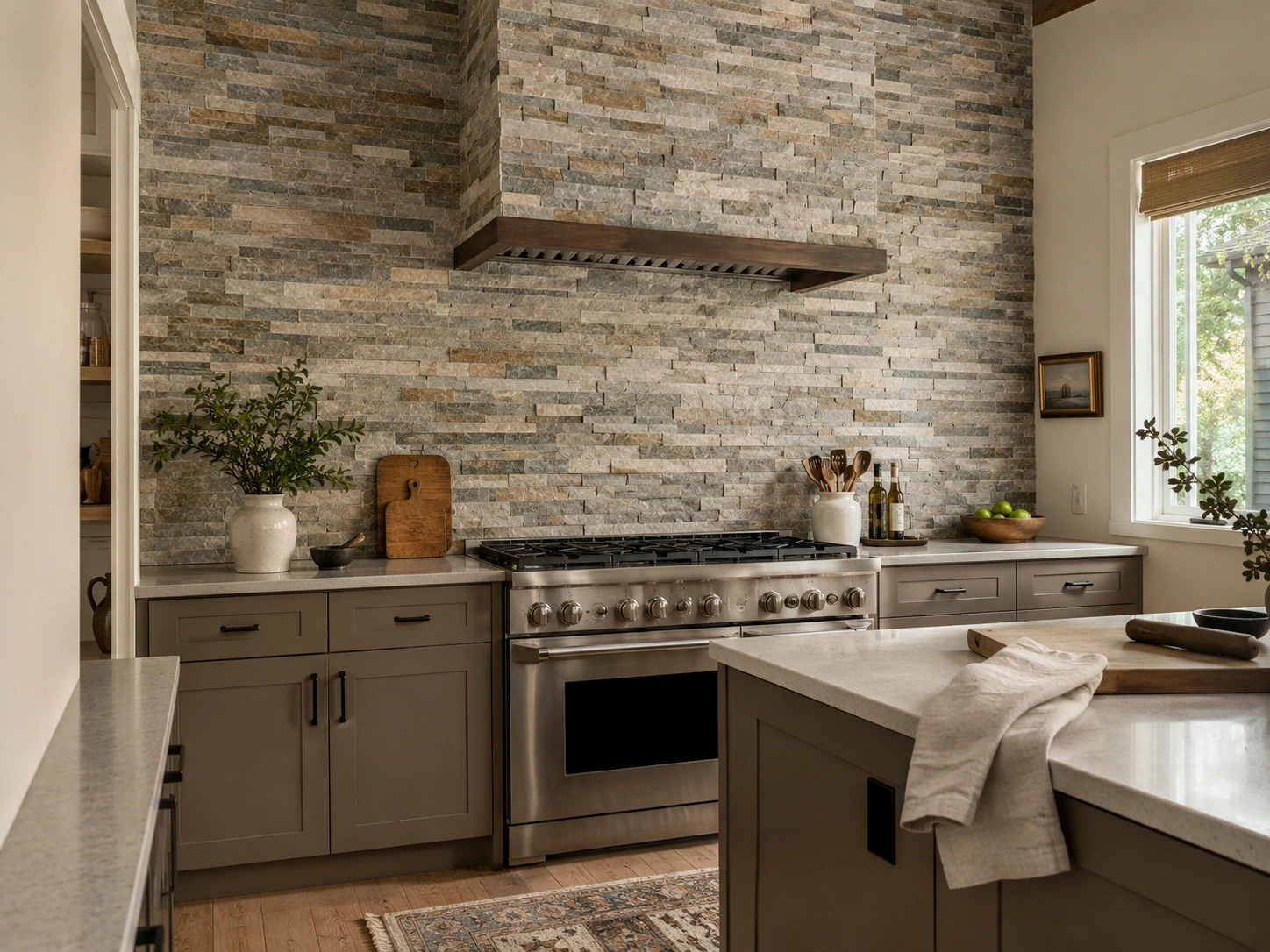Quartzite ledger panel accent wall behind a stainless range in a warm modern kitchen.