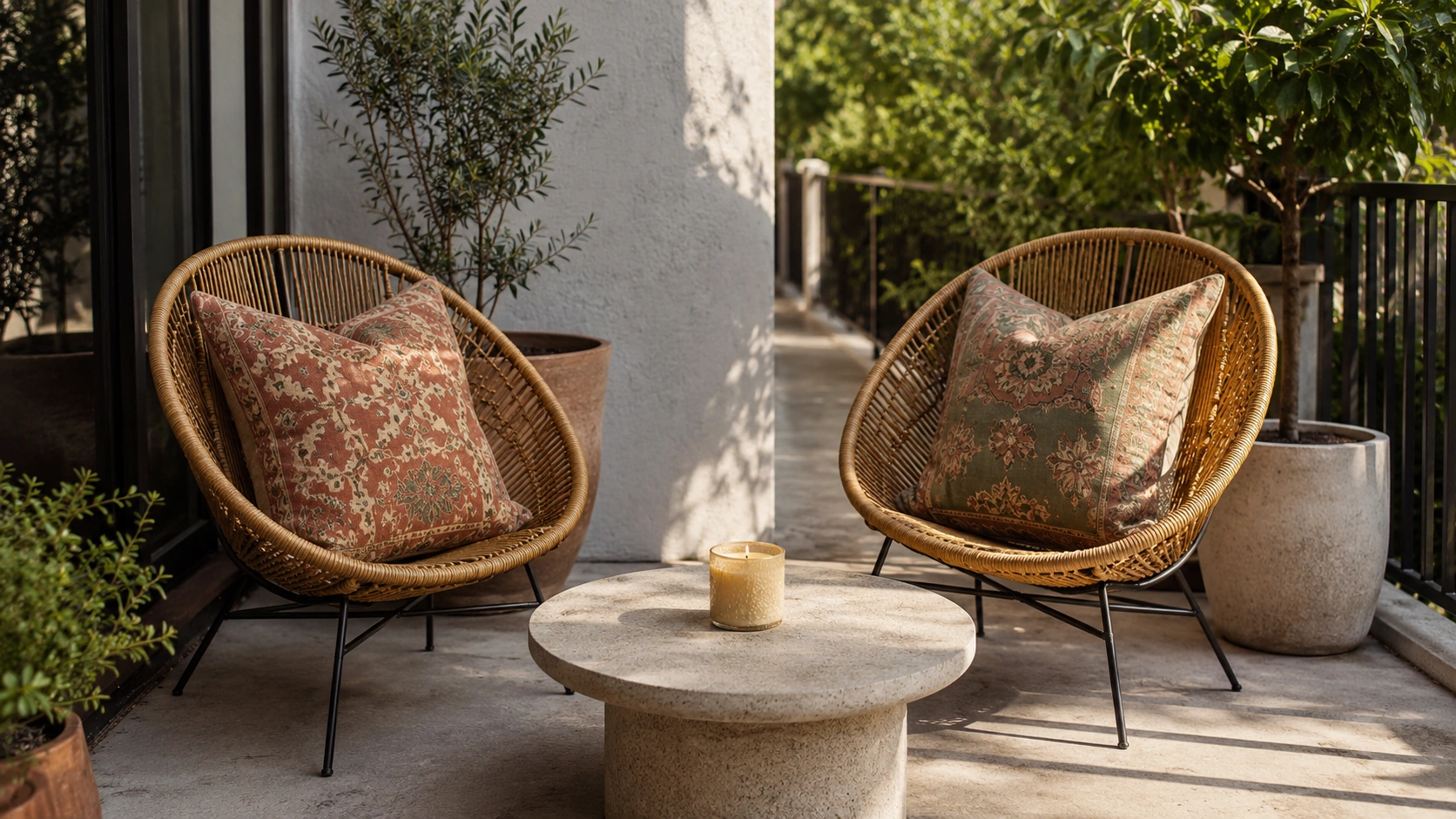 Rattan patio chairs with oversized earth-tone throw pillows around a round stone coffee table.
