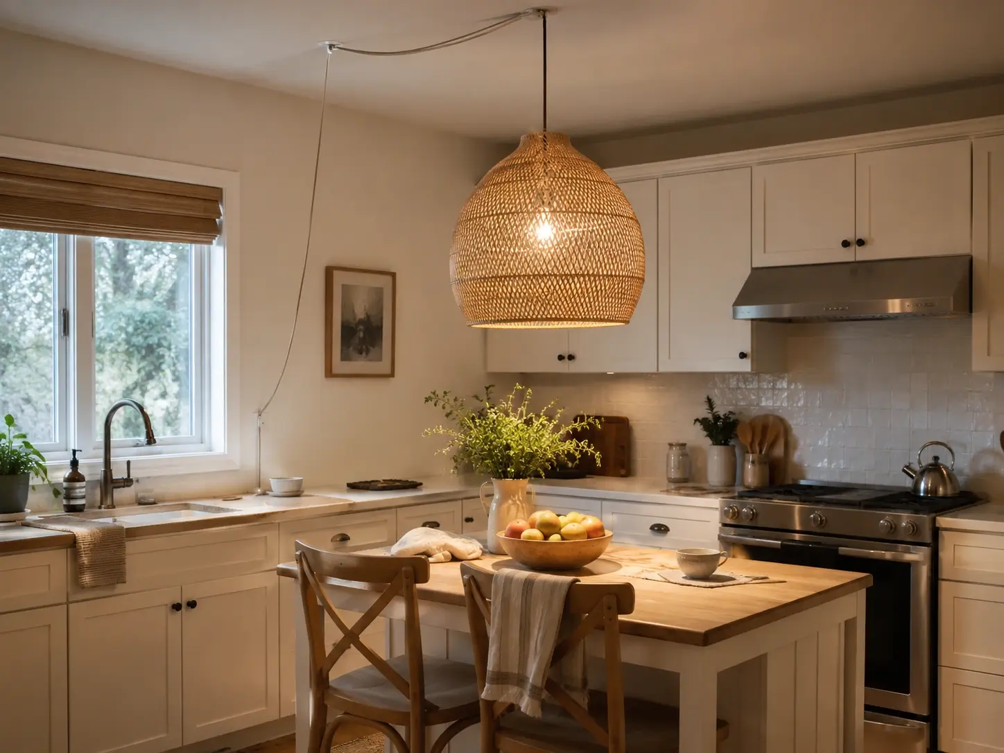Rattan pendant light glowing above a farmhouse kitchen island with cream cabinets and warm wood accents.