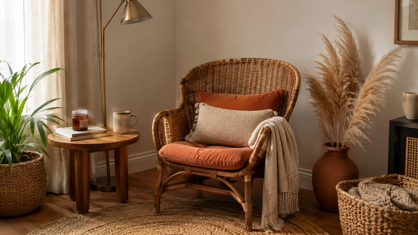 Rattan accent chair styled in an empty living room corner with pillows, side table, lamp, plant, and pampas grass.