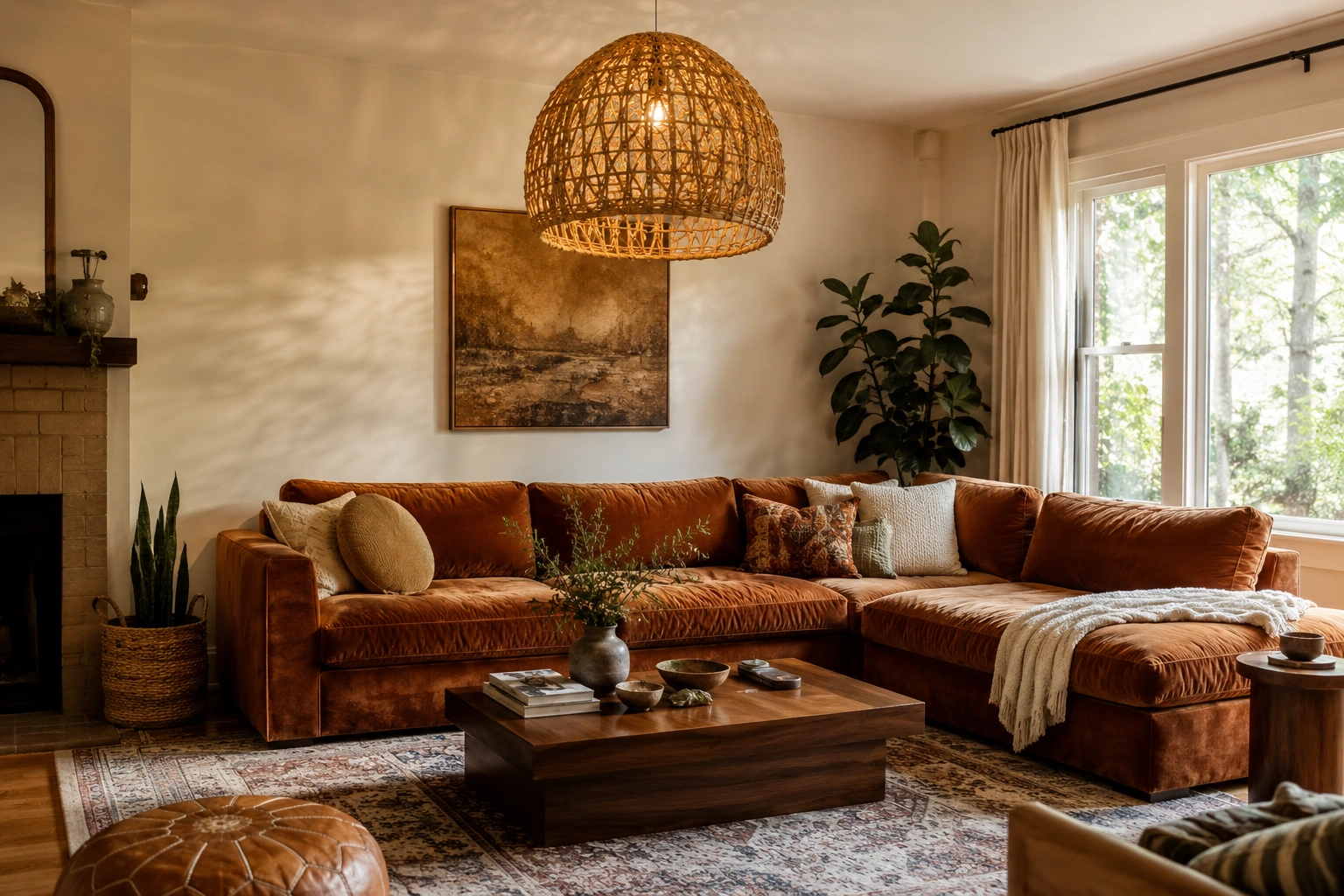 Rattan pendant light above a burnt orange sectional in a cozy 70s living room.