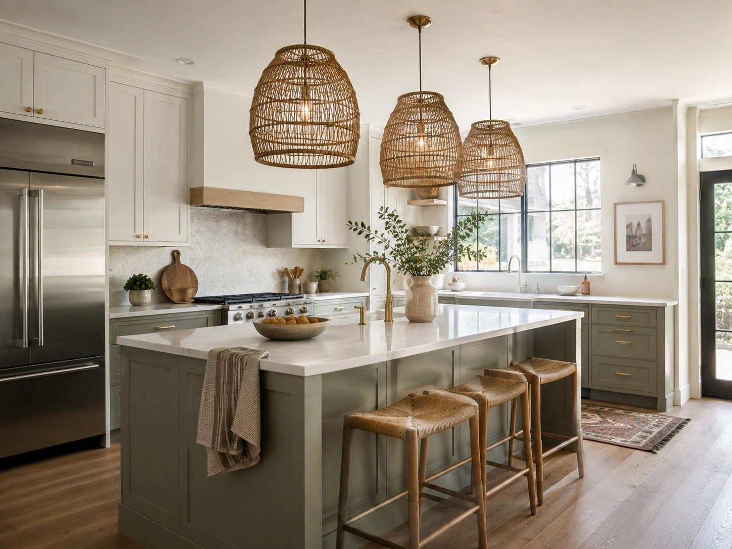 Rattan woven pendant lights above a green kitchen island with stools and warm organic decor.