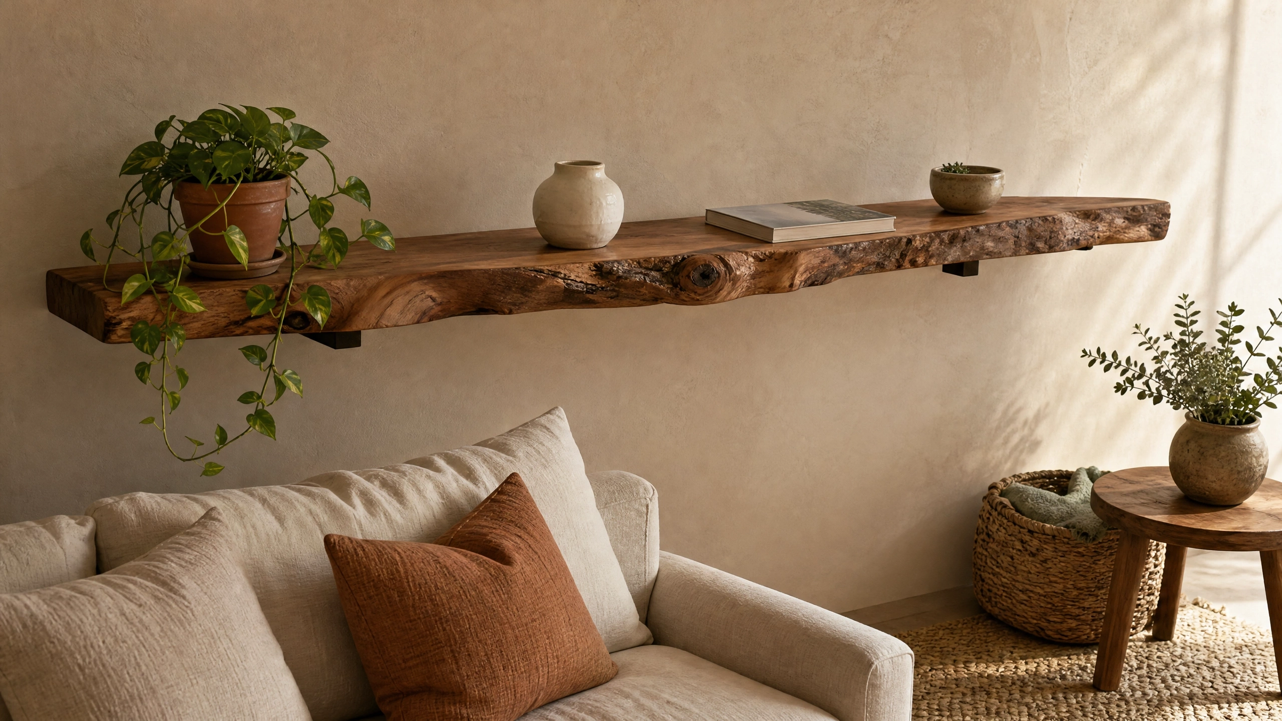 Raw-edge wood floating shelf above a neutral sofa in a cozy earthy living room.