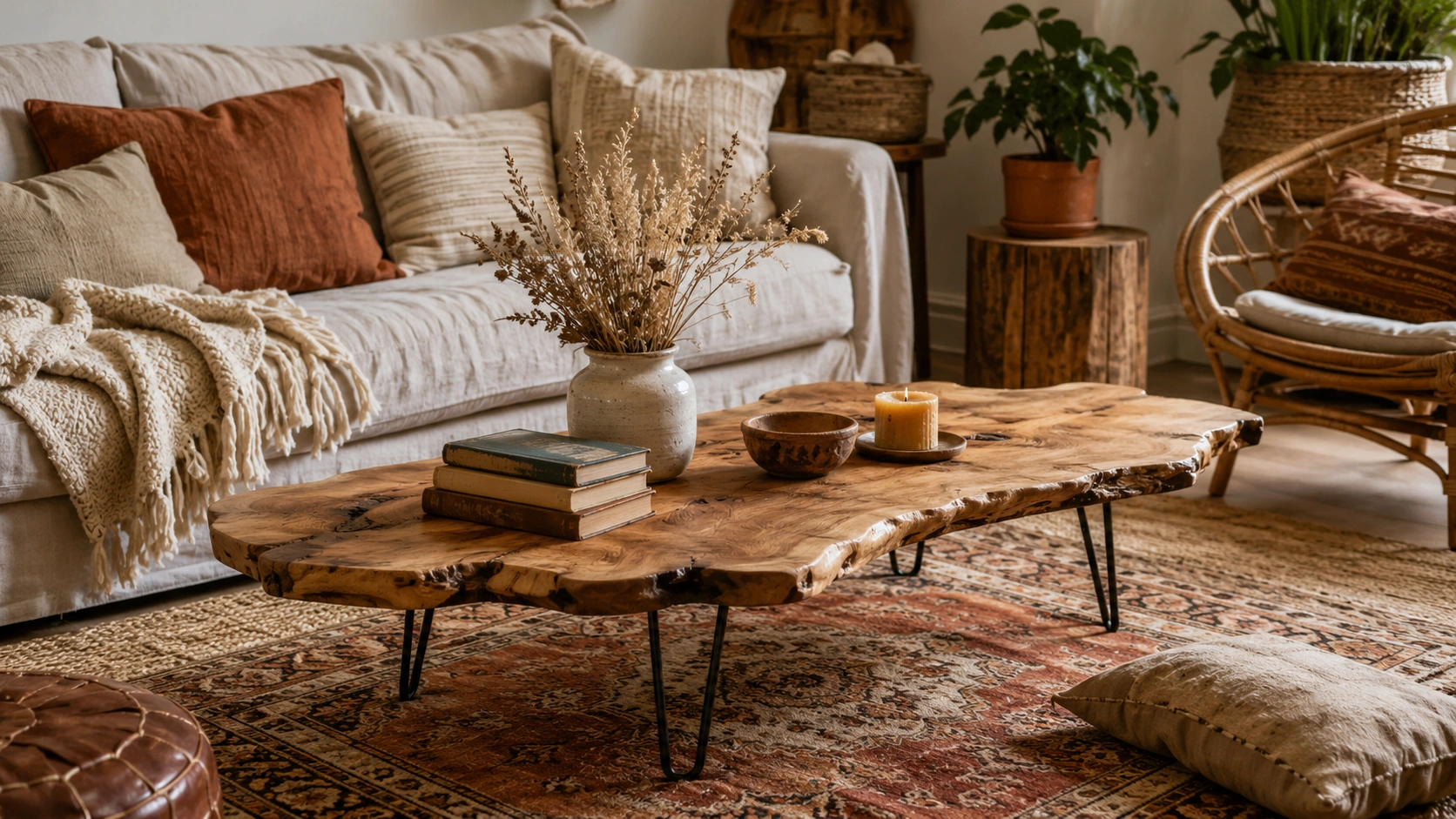 Raw reclaimed wood coffee table with hairpin legs in a cozy bohemian living room with layered rugs.