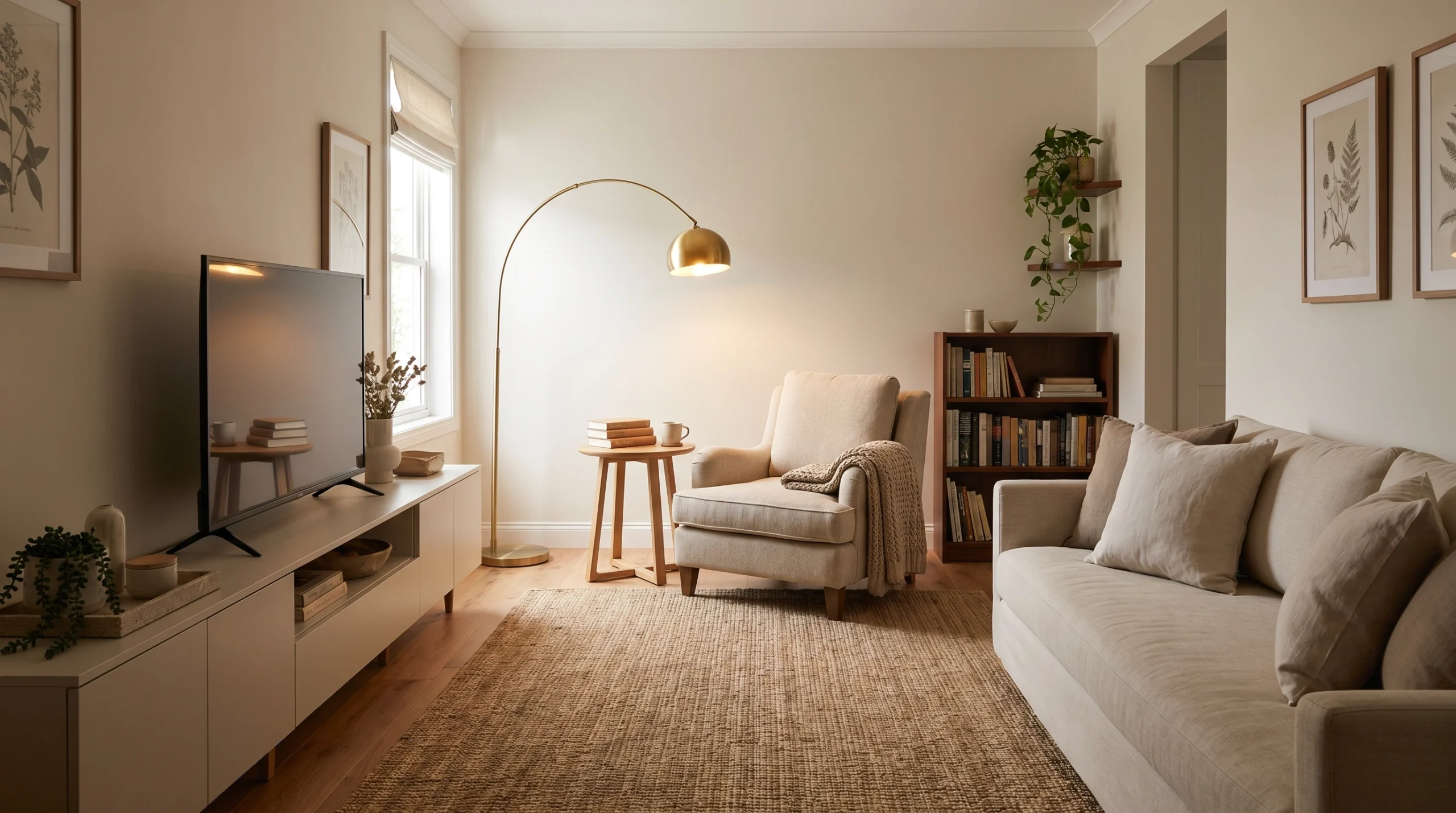 Cozy reading nook at the far end of a narrow living room with armchair, floor lamp, and bookshelf.