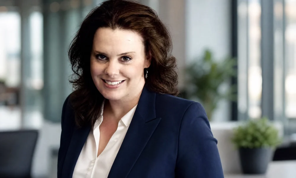 Rebecca Sneed profile-style portrait of a woman in a navy blazer in an office