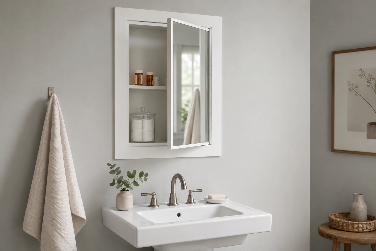 White recessed medicine cabinet open above sink with organized bathroom storage shelves and cotton rounds.