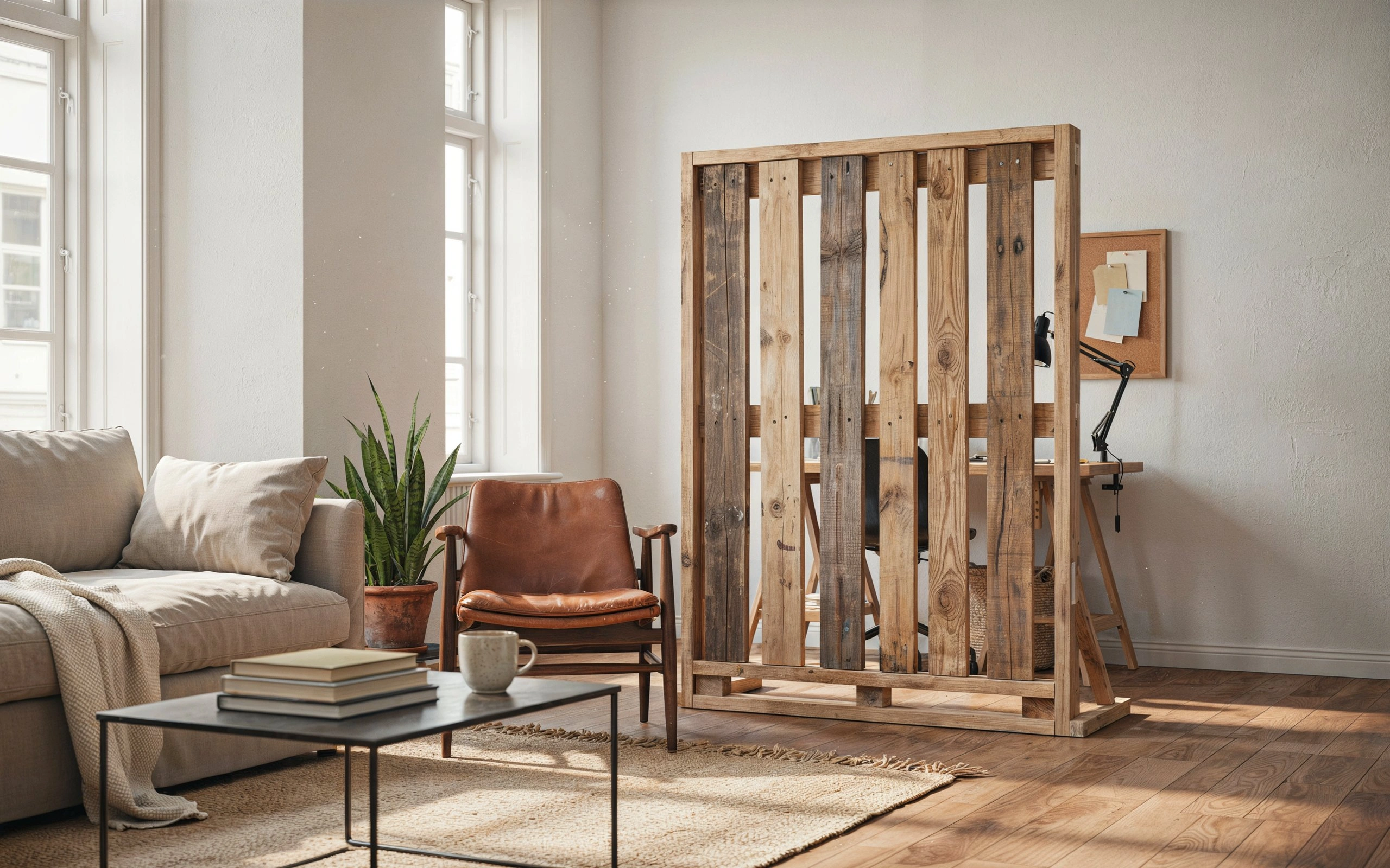 Reclaimed pallet wood slat divider separating a living room from a home office.