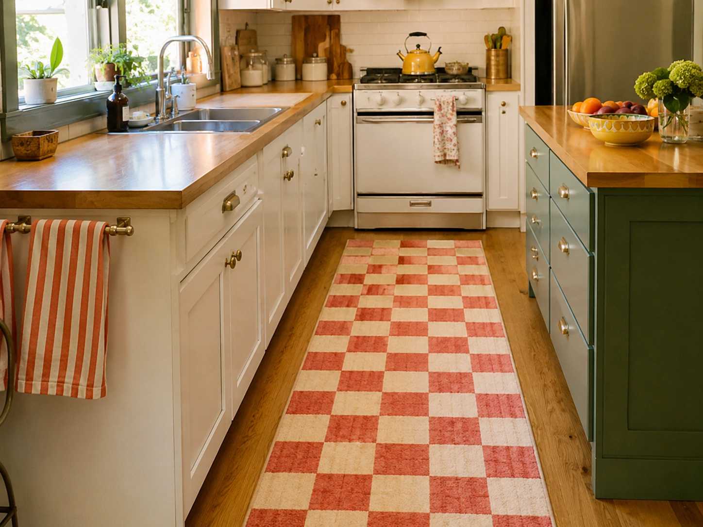 Red and cream checkered runner rug in a cozy cottage kitchen with wood counters and green cabinets.
