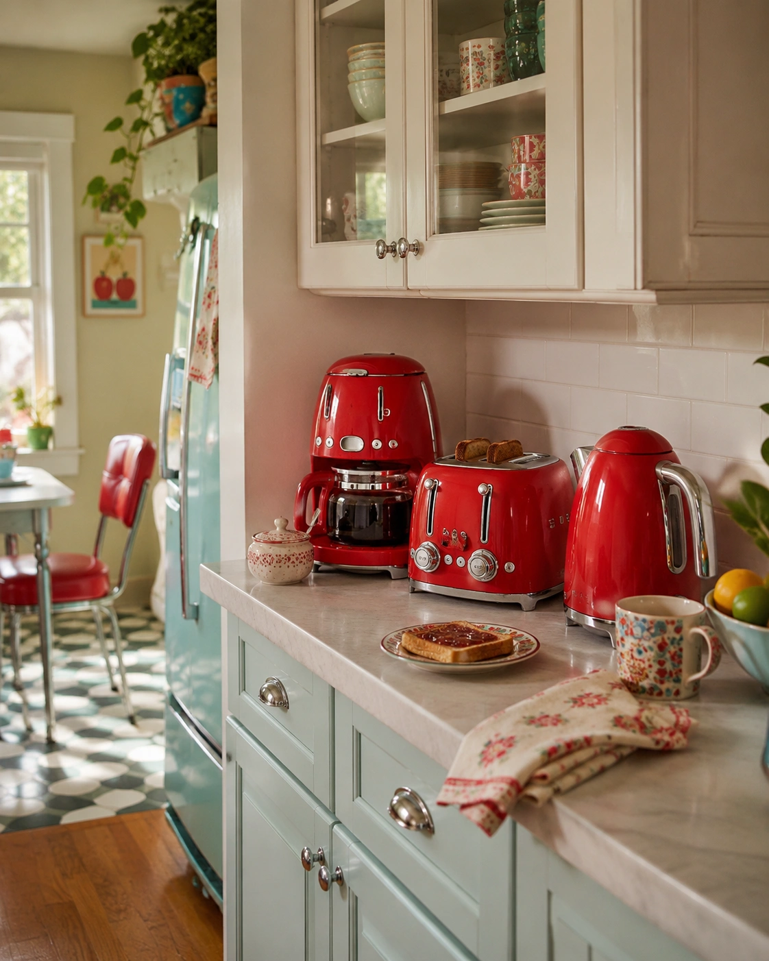 Red retro coffee maker, toaster and kettle on a pastel vintage kitchen counter.