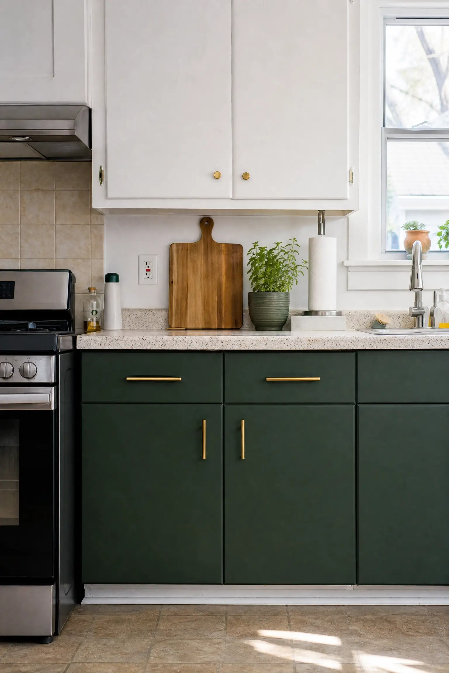 Rental kitchen with removable green cabinet wrap on lower cabinets, white uppers, and brass hardware.
