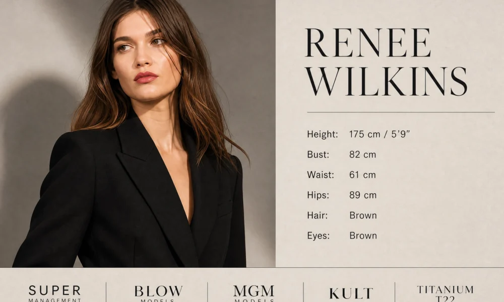 Renee Youtslur Wilkins model sedcard with portrait, measurements, and agency logos.