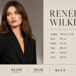 Renee Youtslur Wilkins model sedcard with portrait, measurements, and agency logos.