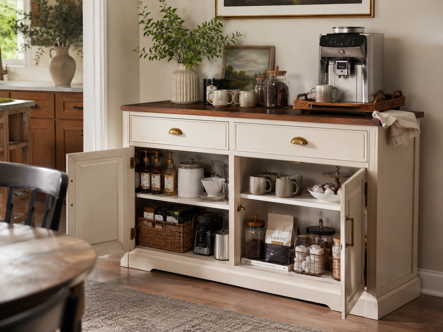 Repurposed cream sideboard coffee bar with espresso machine, mugs, jars, and open storage in dining room.