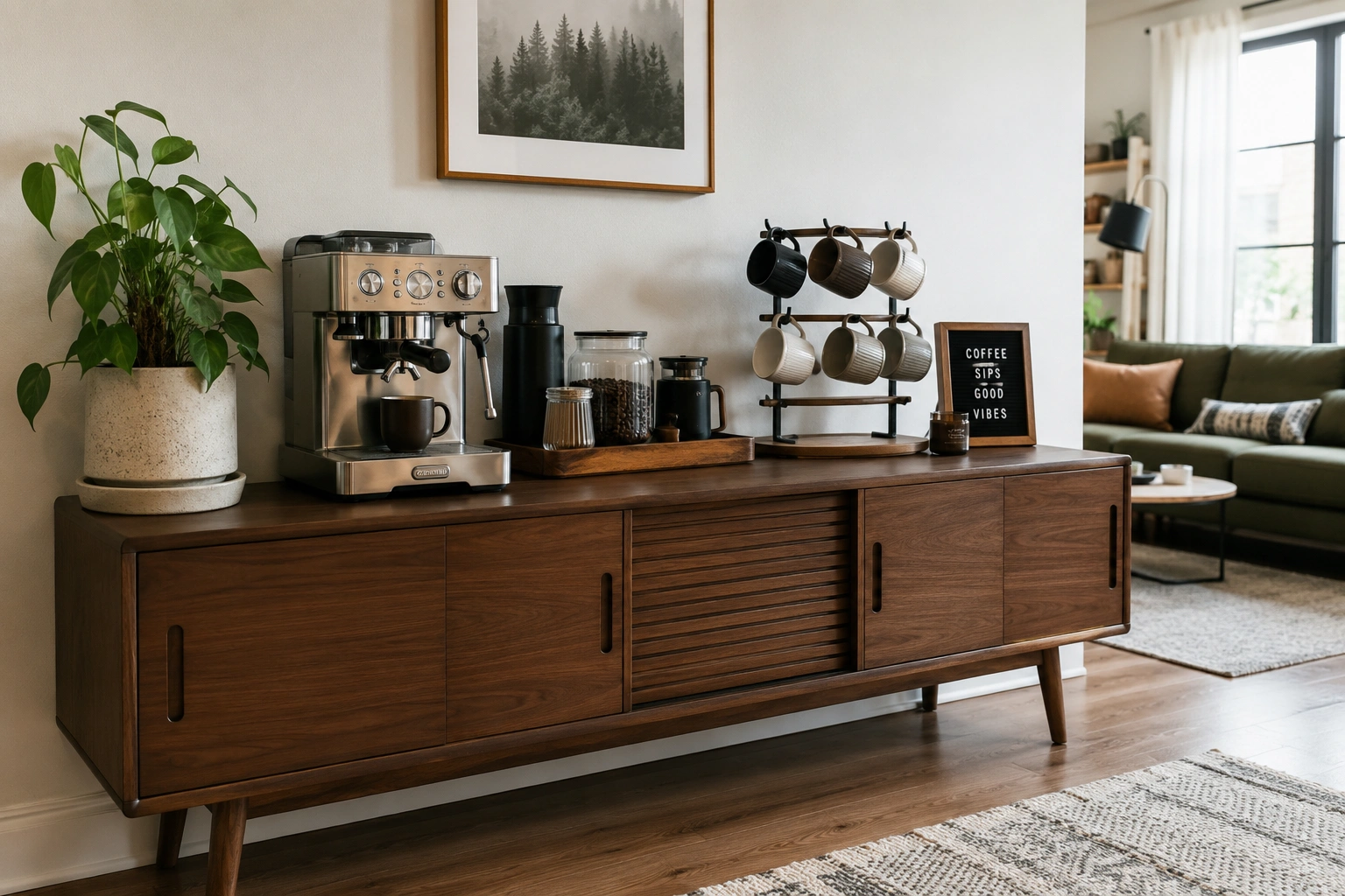 Repurposed wood TV console used as a coffee bar with espresso machine, mugs, coffee jars, and plant.