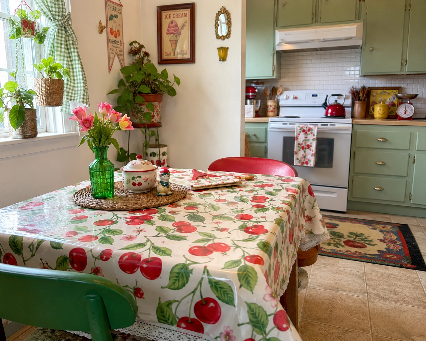 Retro cherry oilcloth tablecloth on a vintage kitchen table with green cabinets and red accents