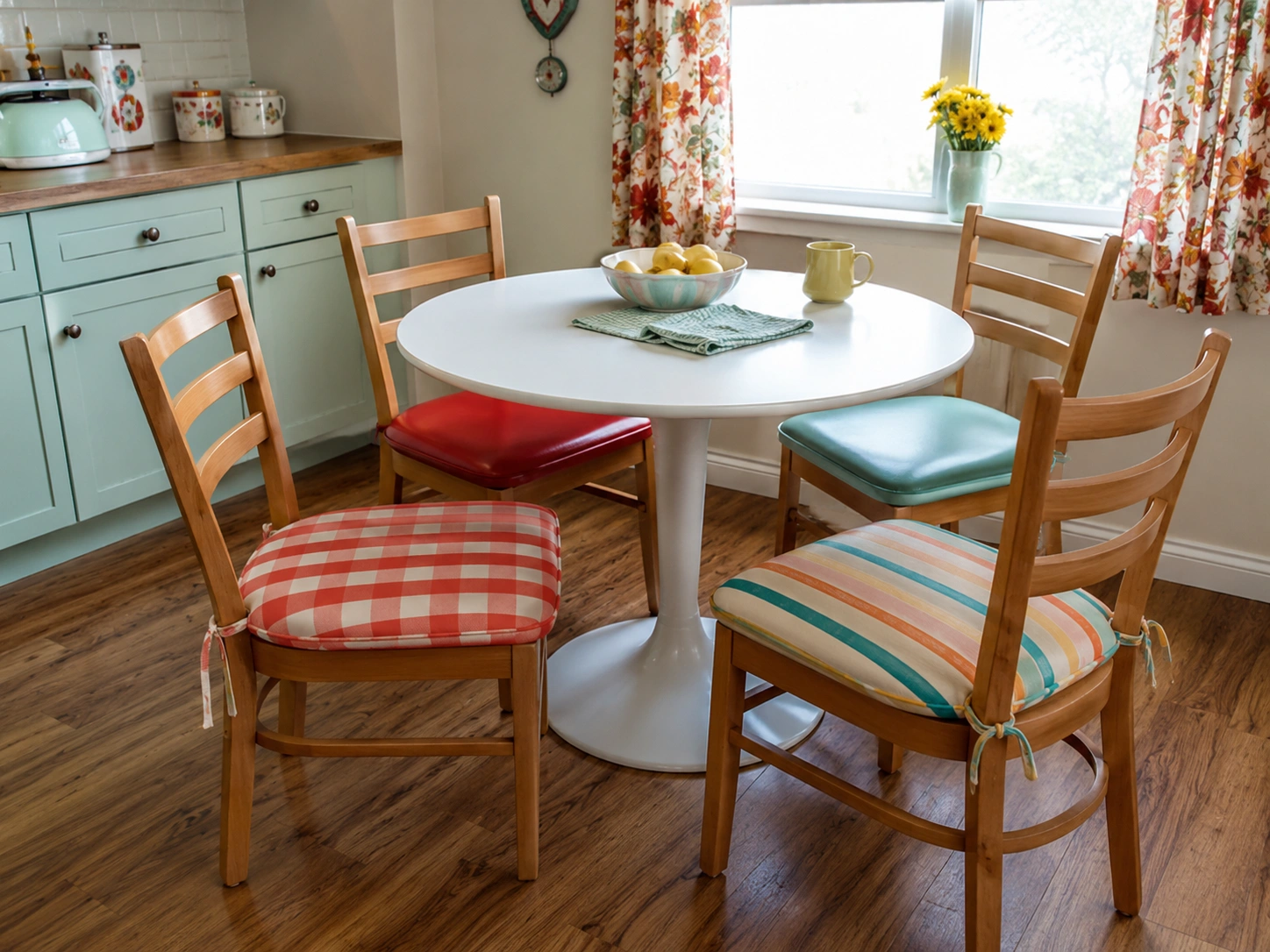 Retro kitchen dining nook with mint cabinets, floral curtains, and colorful chair cushions.