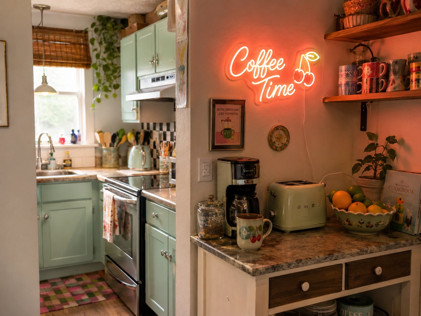 Retro kitchen coffee station with a glowing Coffee Time neon sign, cherry detail, pastel toaster, mugs, and open shelves.
