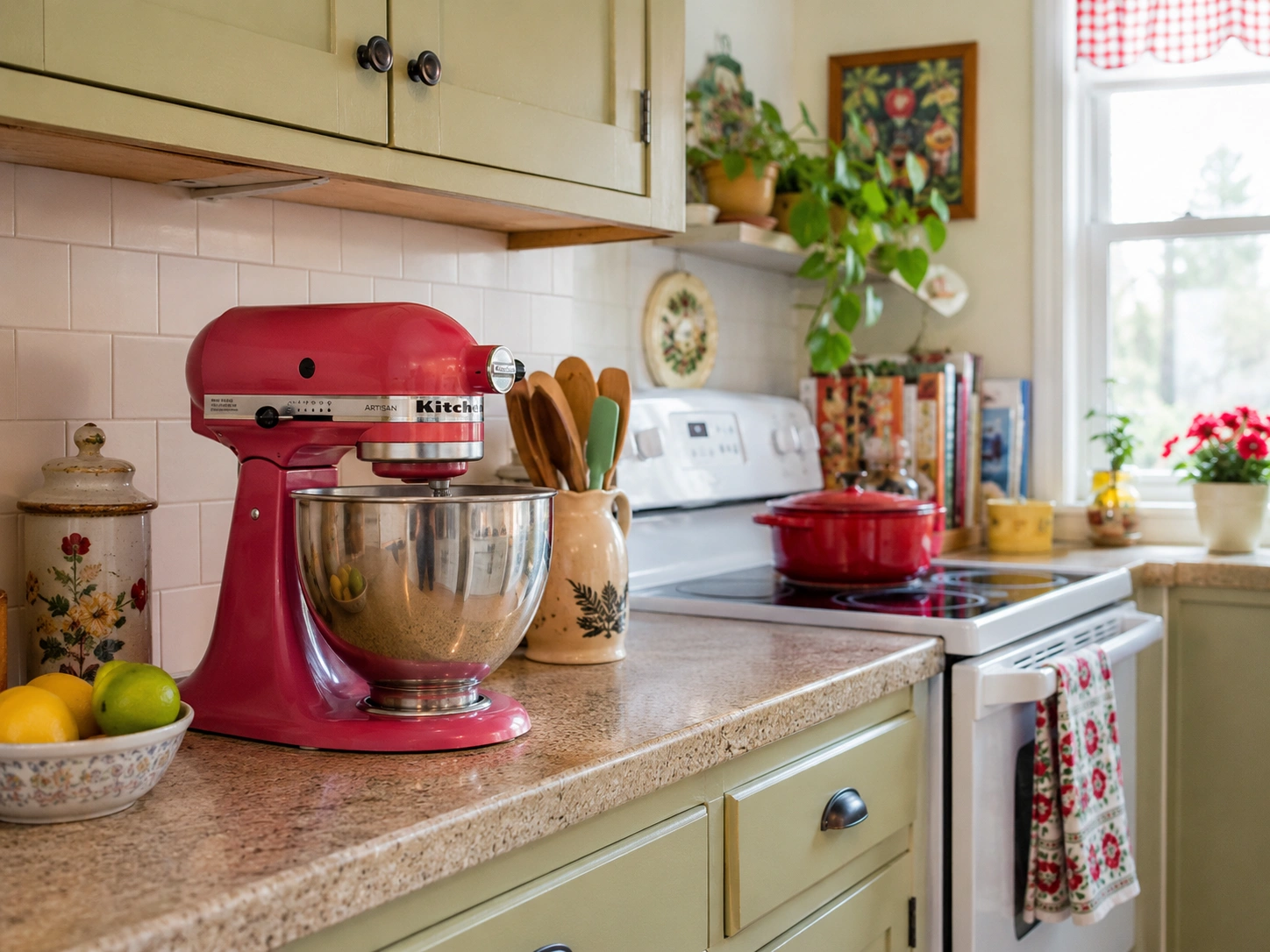 Red KitchenAid stand mixer adding retro color to a cottage kitchen countertop.