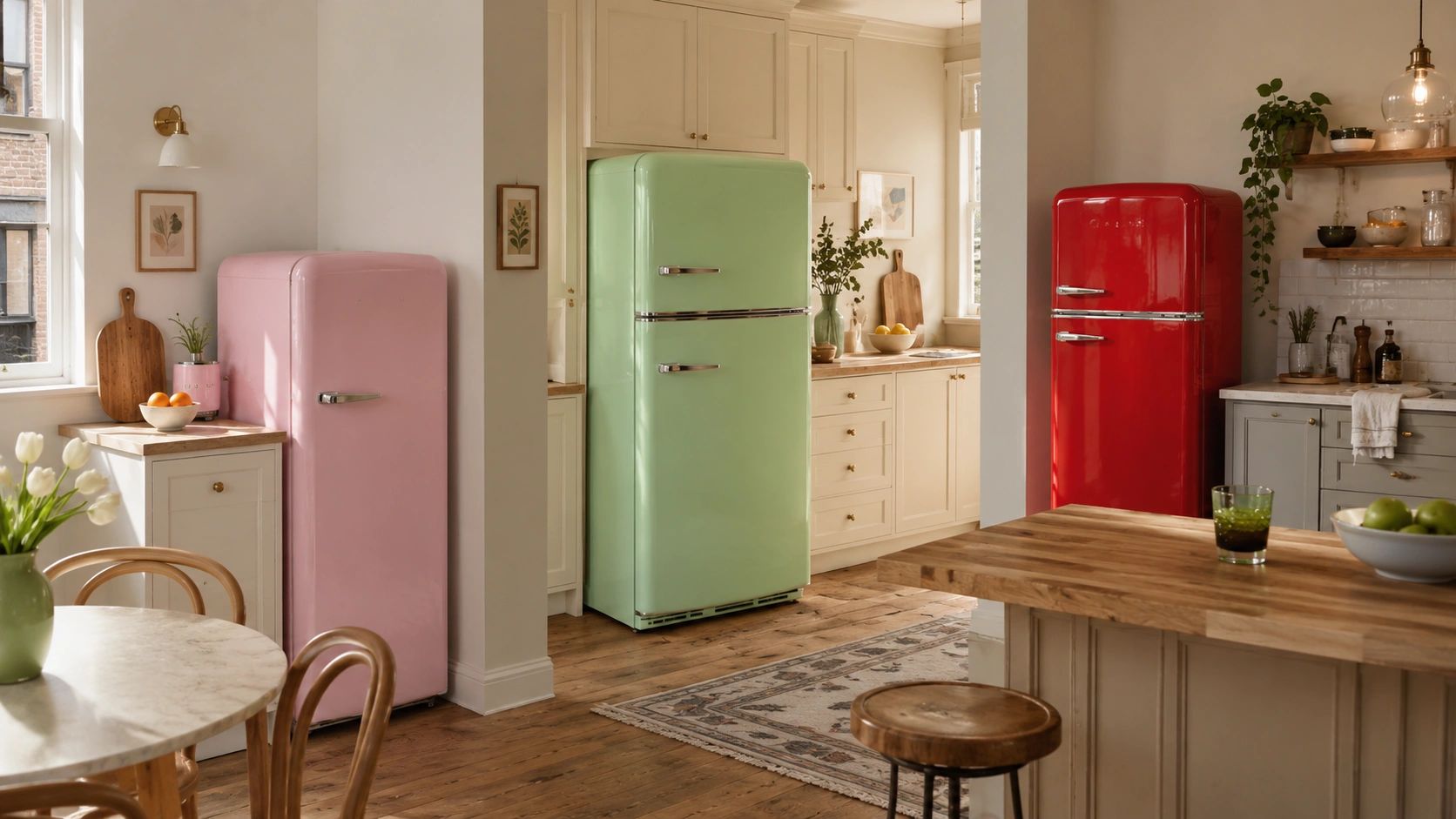 Retro pink, mint green, and red fridges anchoring warm vintage-style kitchens.