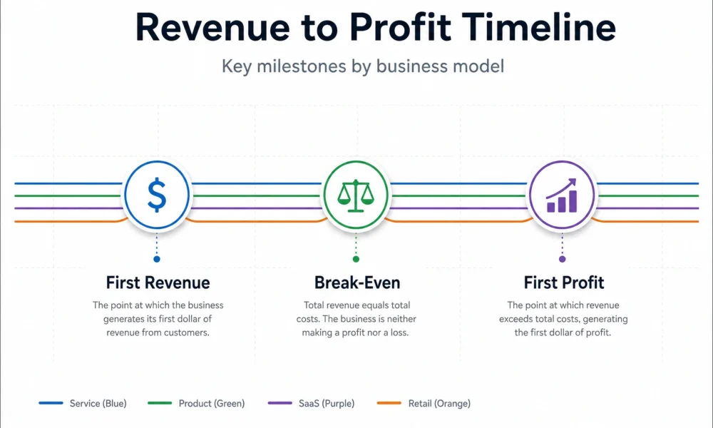 Revenue to profit timeline showing first revenue, break-even, and first profit milestones by business model.