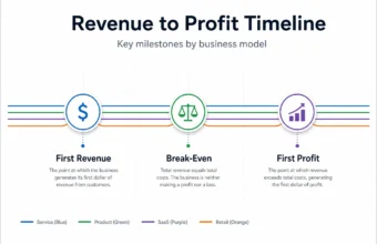 Revenue to profit timeline showing first revenue, break-even, and first profit milestones by business model.