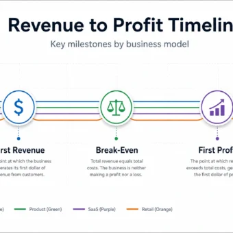 Revenue to profit timeline showing first revenue, break-even, and first profit milestones by business model.