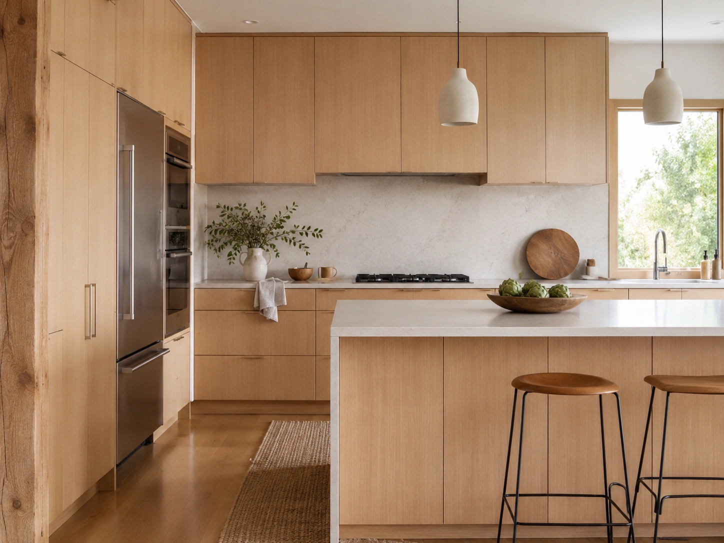 Rift-cut alder slab cabinets with a linear oak-like grain in a modern light wood kitchen
