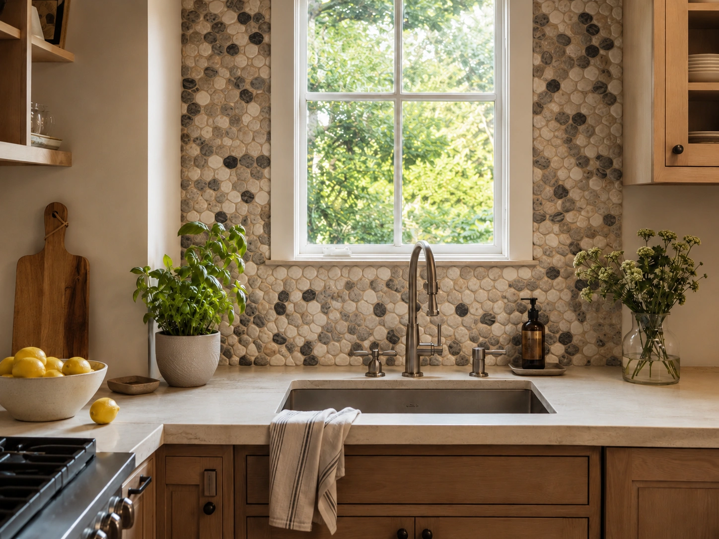 River rock pebble mosaic backsplash behind a kitchen sink with a window and light wood cabinets.