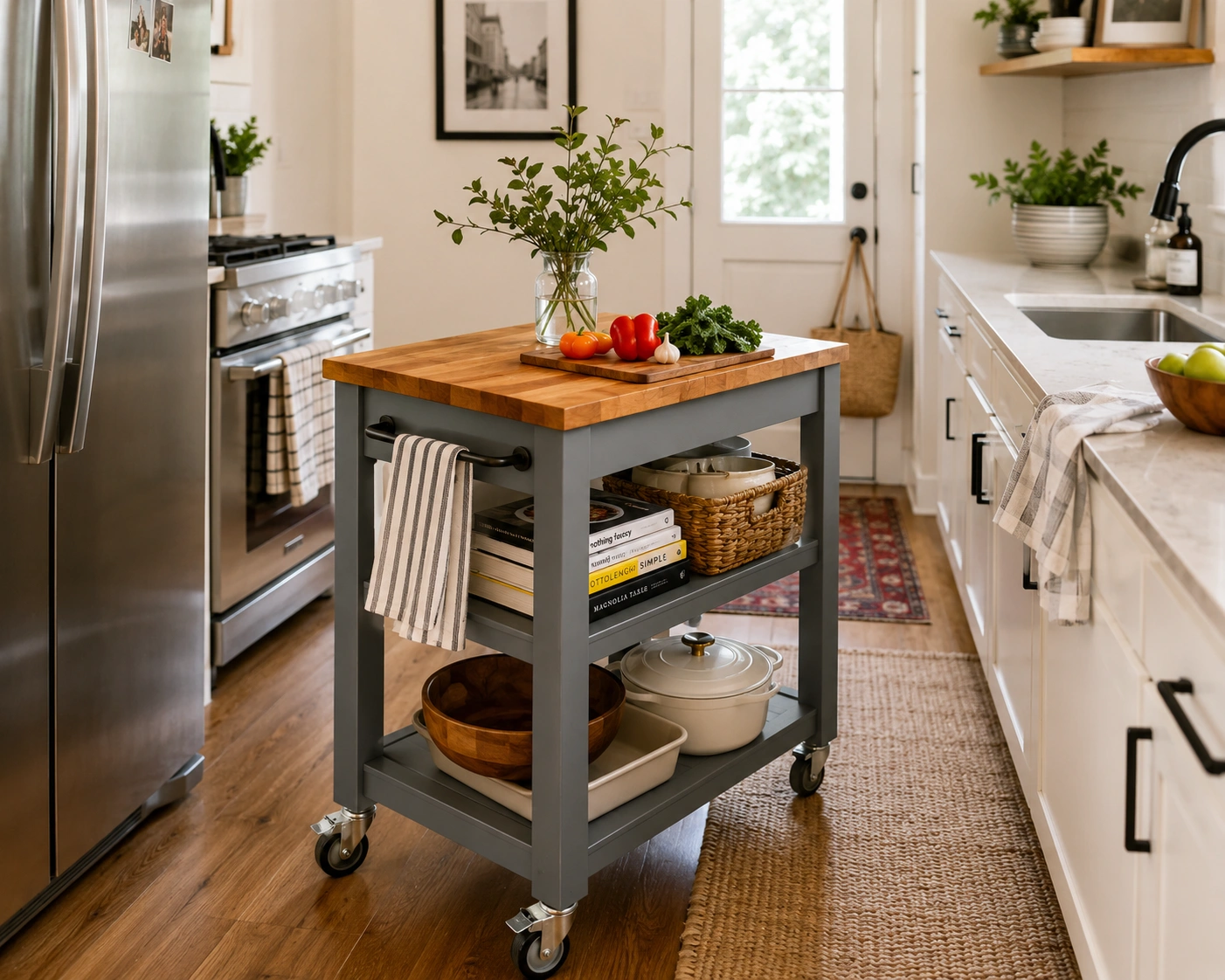 Rolling butcher block cart with locking casters in a small farmhouse kitchen.