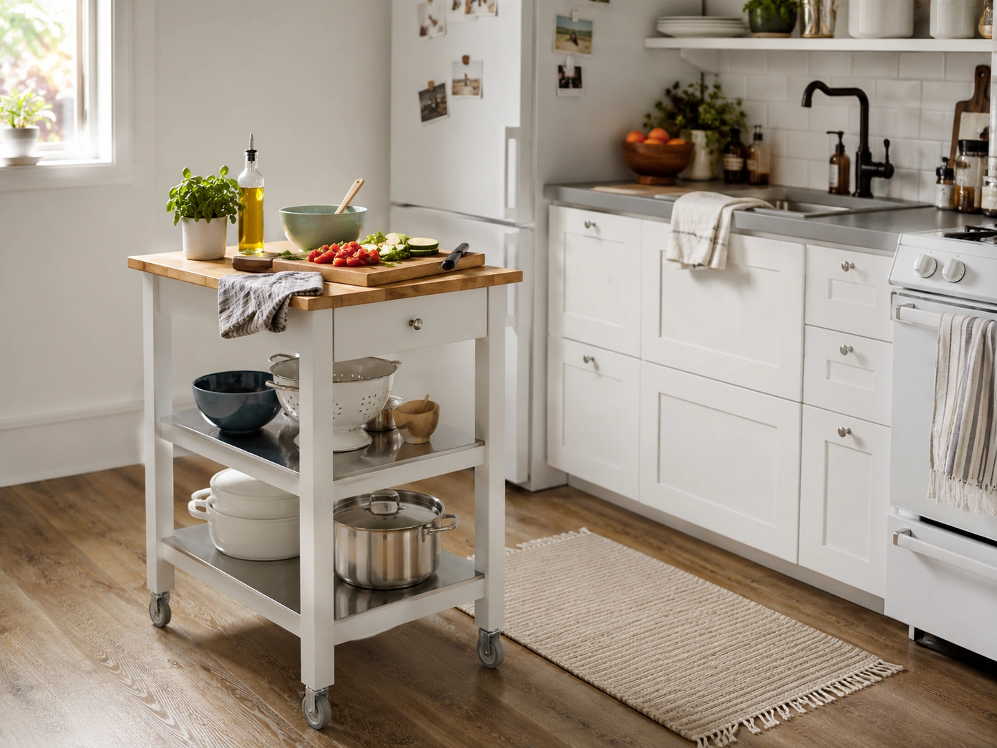 Rolling mobile kitchen island with butcher block top and storage shelves in a small white rental kitchen.