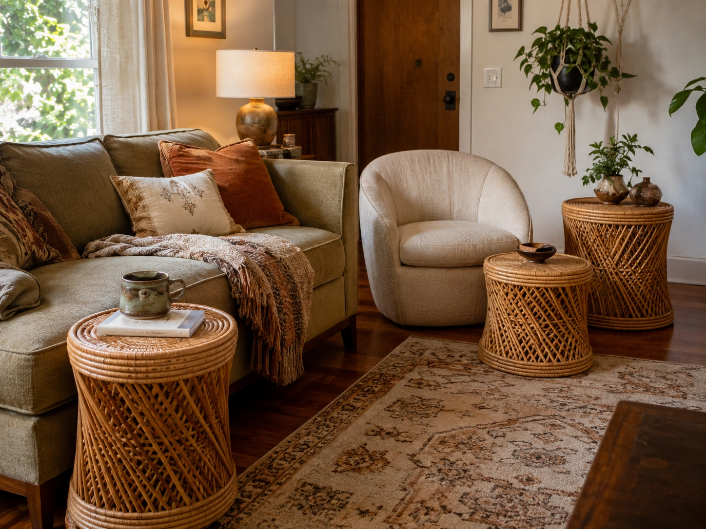 Boho living room with round rattan side tables beside a sofa and cream chair.