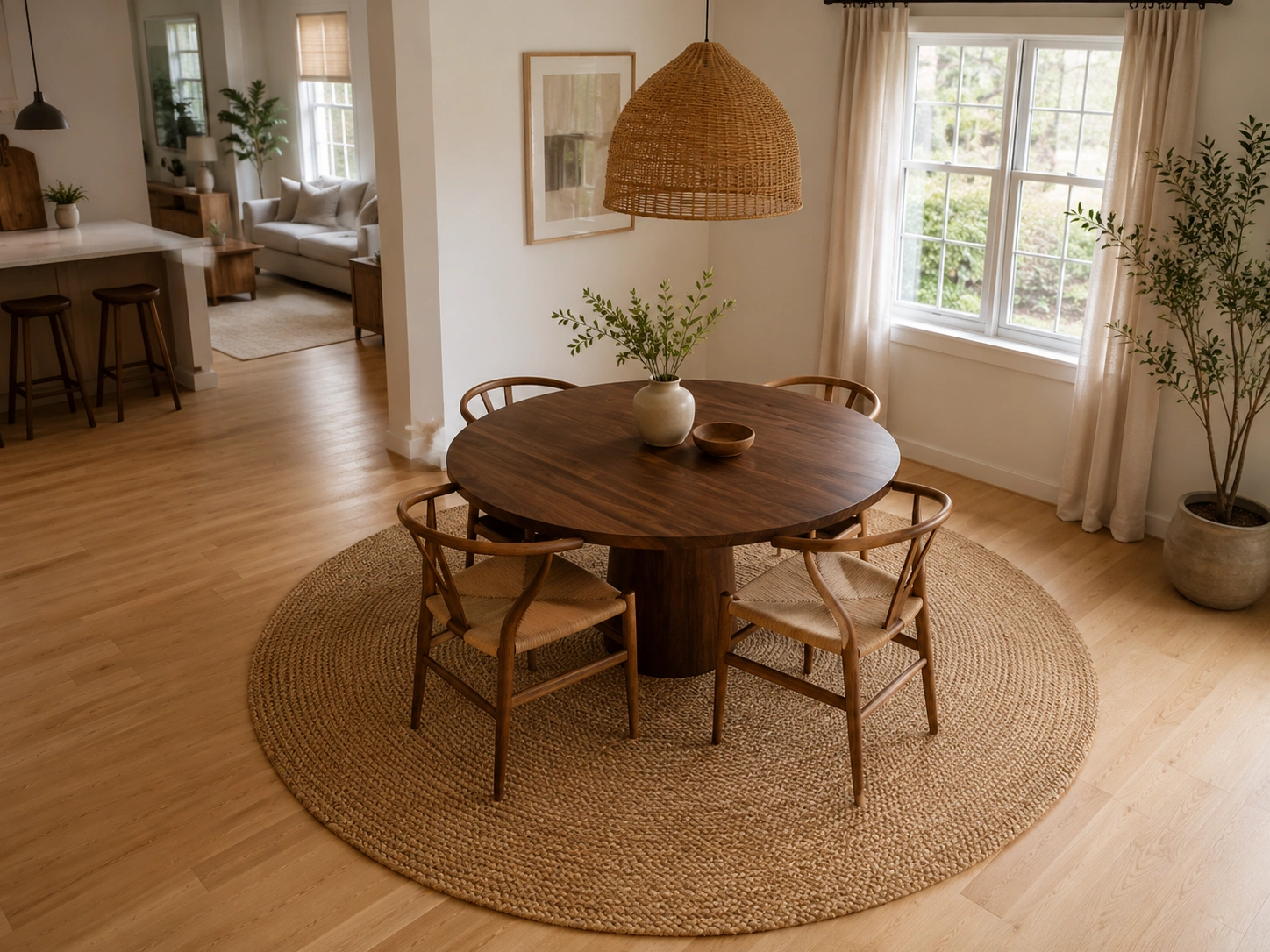Round walnut dining table on jute rug with rattan pendant light in warm Scandinavian dining room.