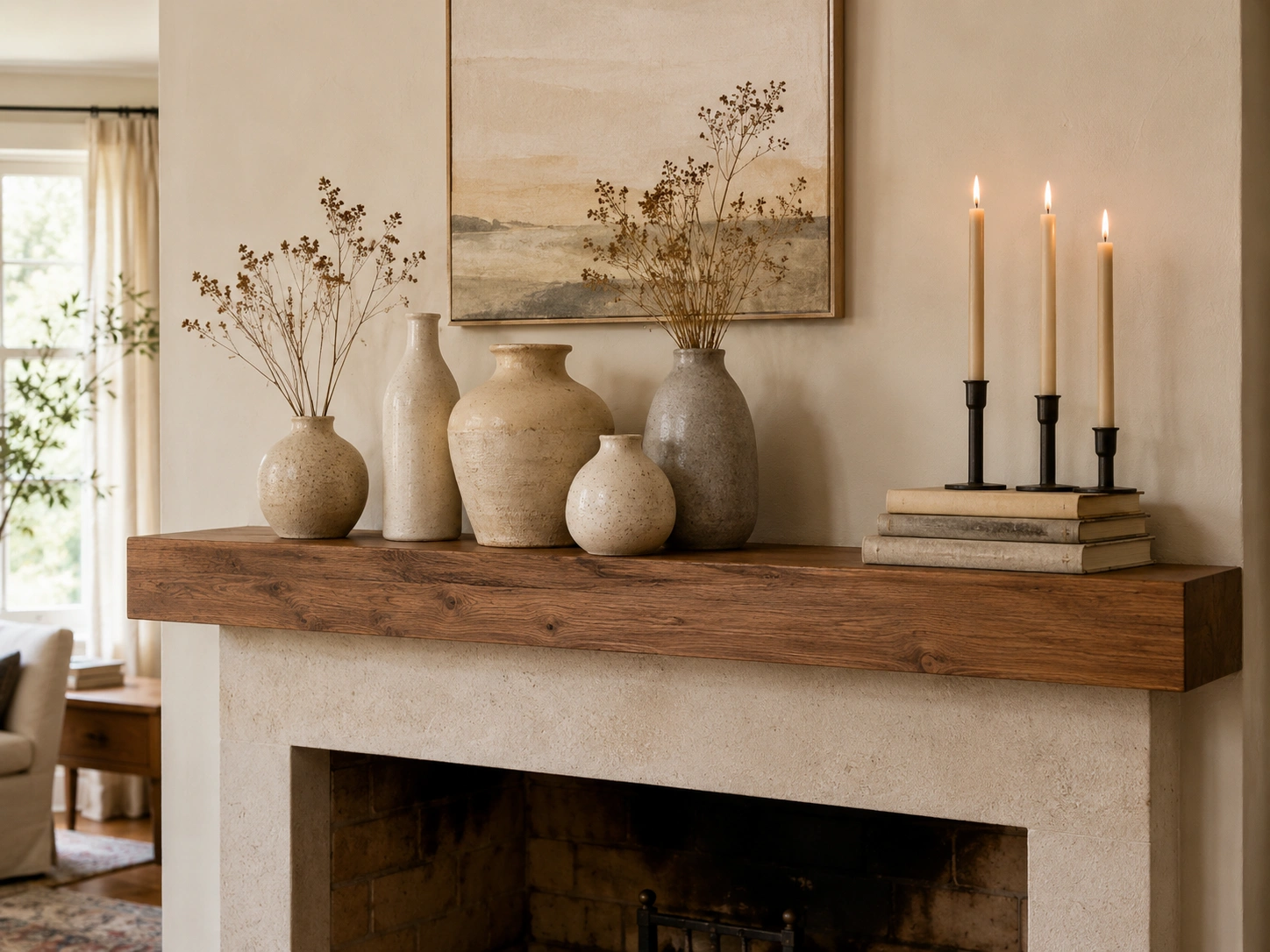 Fireplace mantel styled with odd-numbered ceramic vases, dried stems, books, and candle holders.