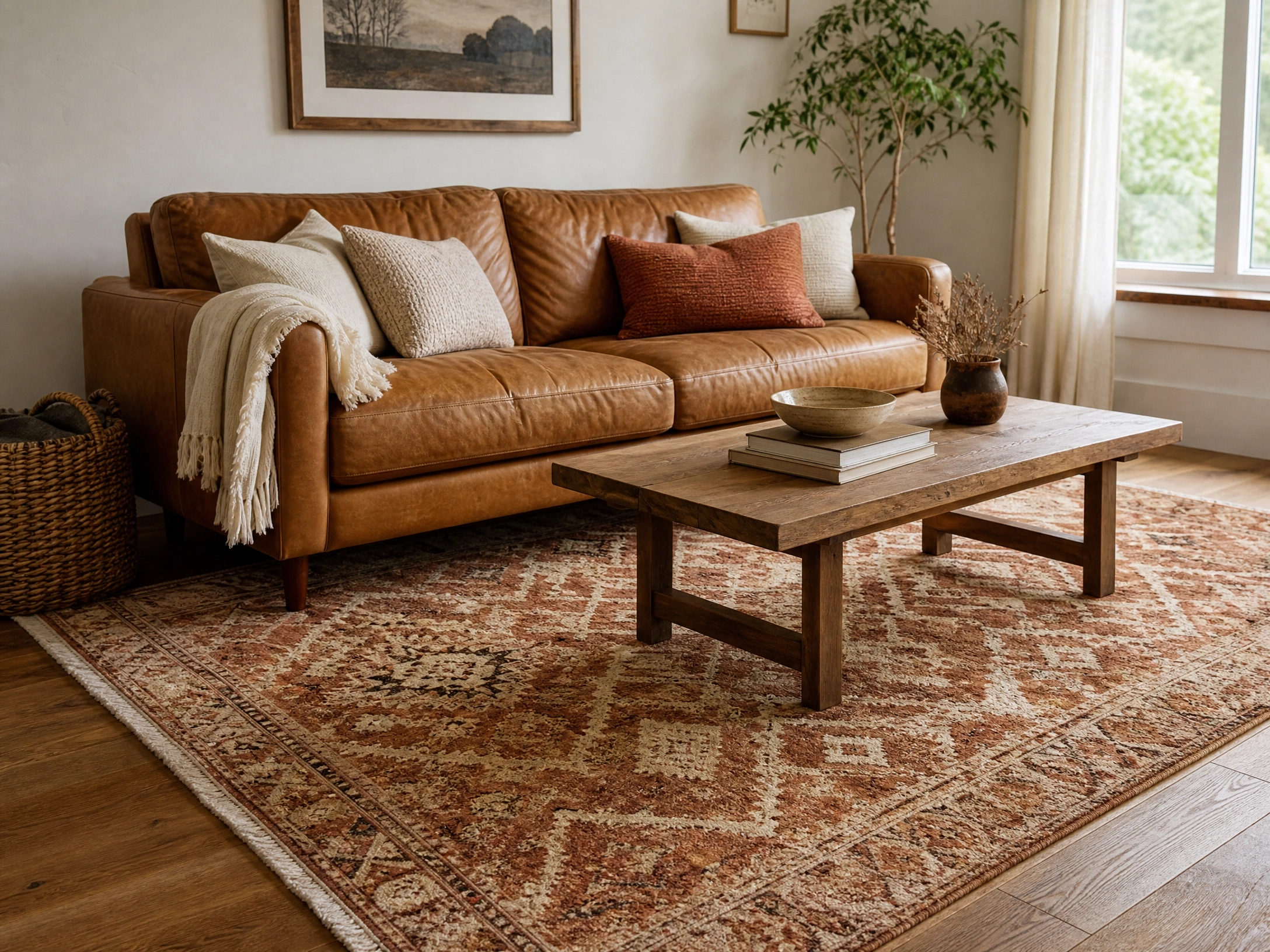 Tan leather couch with a rust and ivory Moroccan rug layered under a rustic wood coffee table