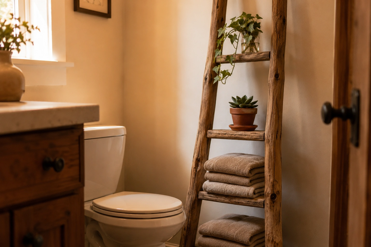 Rustic ladder shelf leaning in a small bathroom corner with folded towels, plants, and warm wood tones.