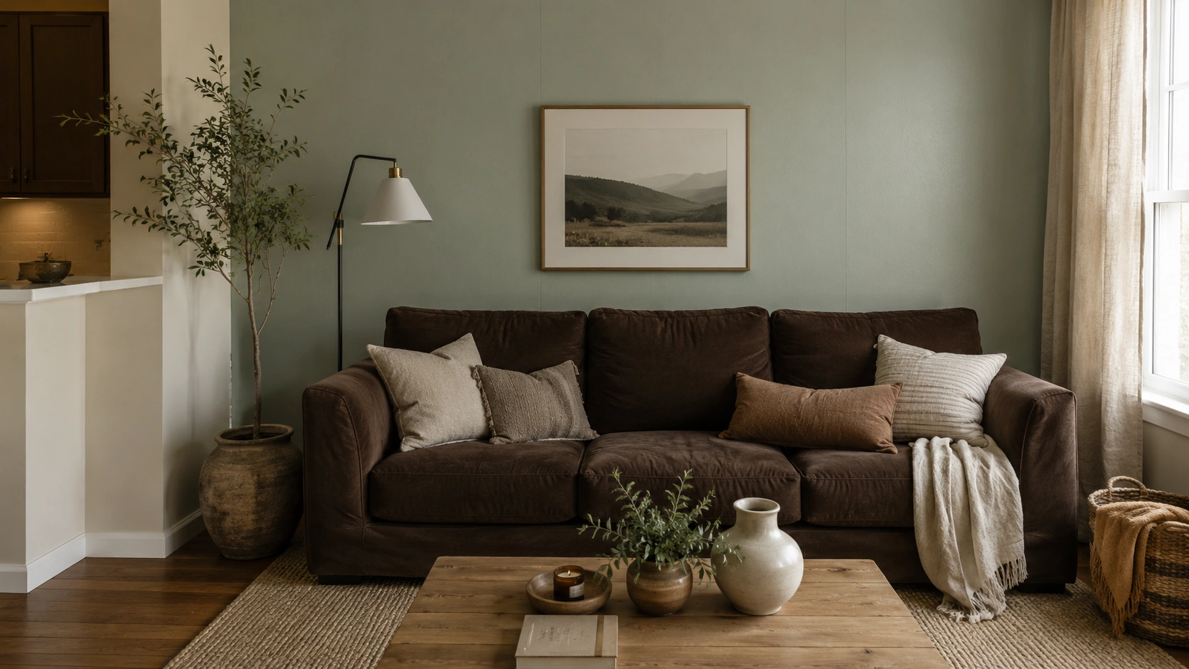 Chocolate brown sofa in front of a sage green accent wall with neutral pillows and earthy decor.