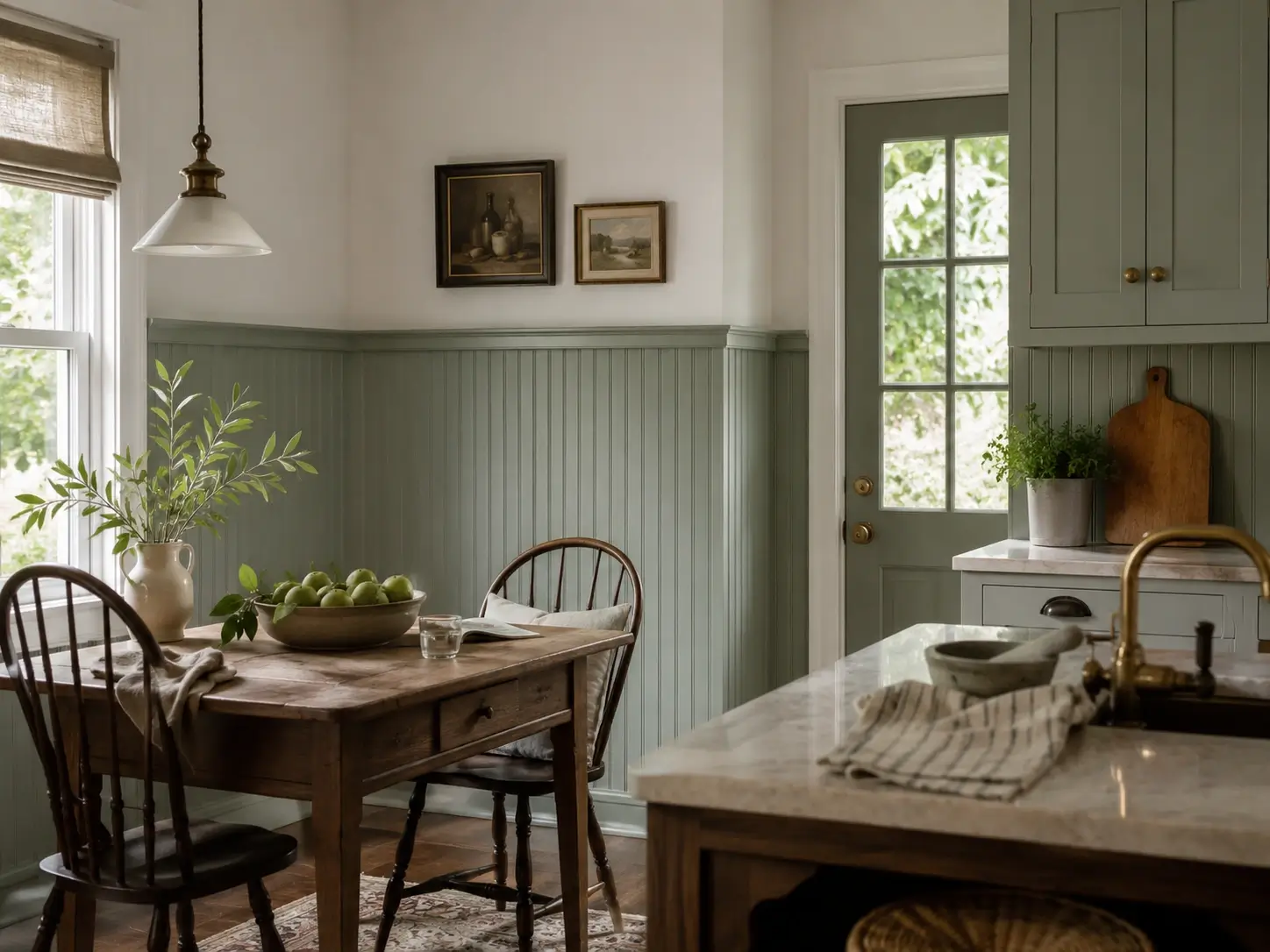 Sage green beadboard wainscoting in a cottage kitchen dining nook with wood table and white walls.