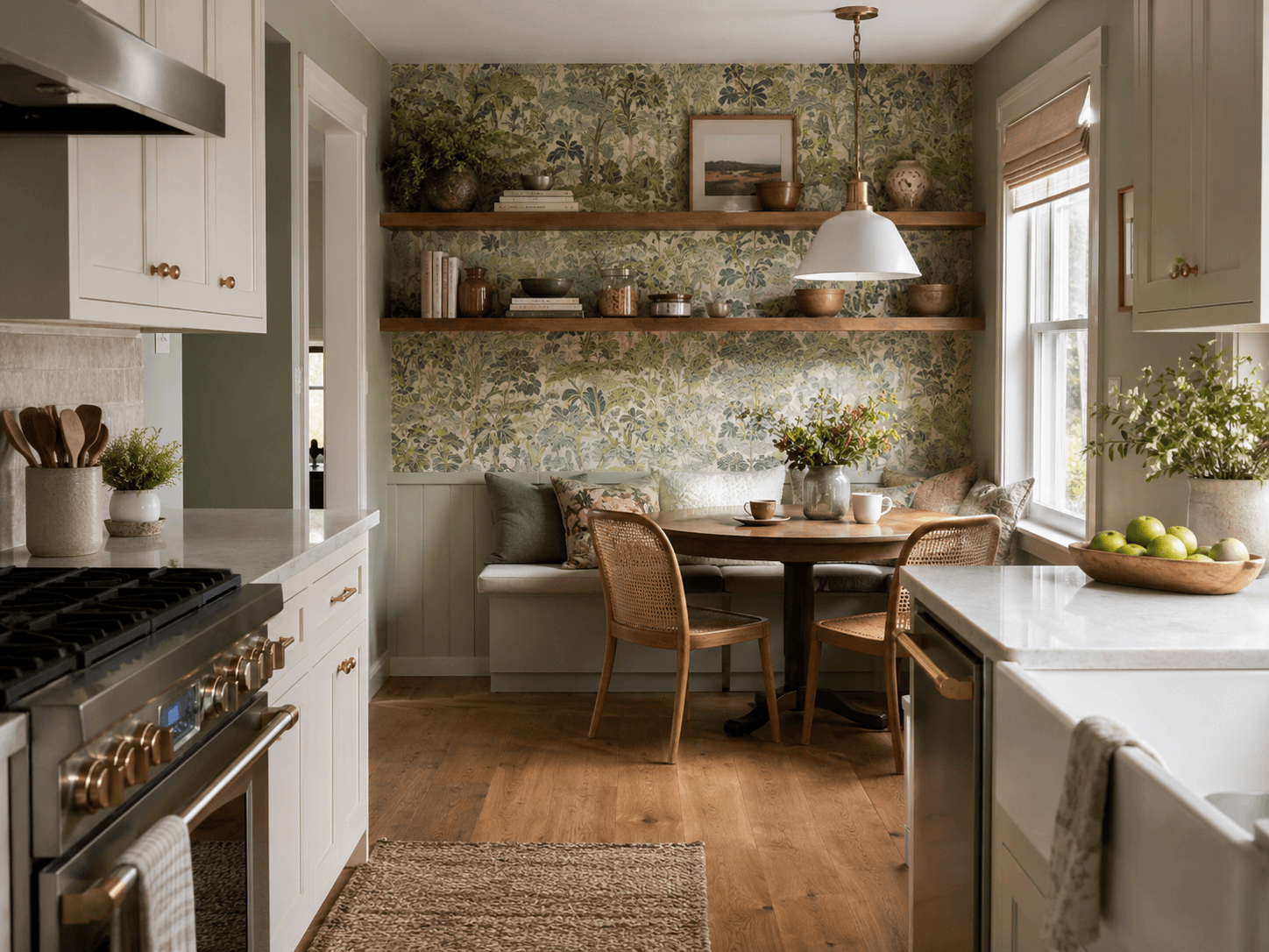Sage green kitchen nook with botanical wallpaper, built-in bench seating, wood shelves, and rattan chairs.