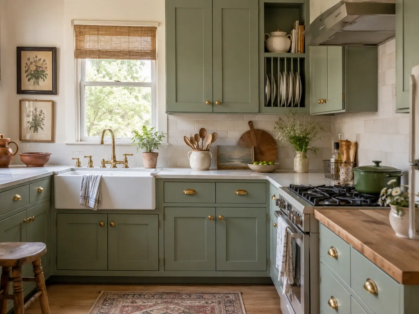 Cottagecore kitchen with sage green cabinets, brass hardware, farmhouse sink, and warm wood accents.