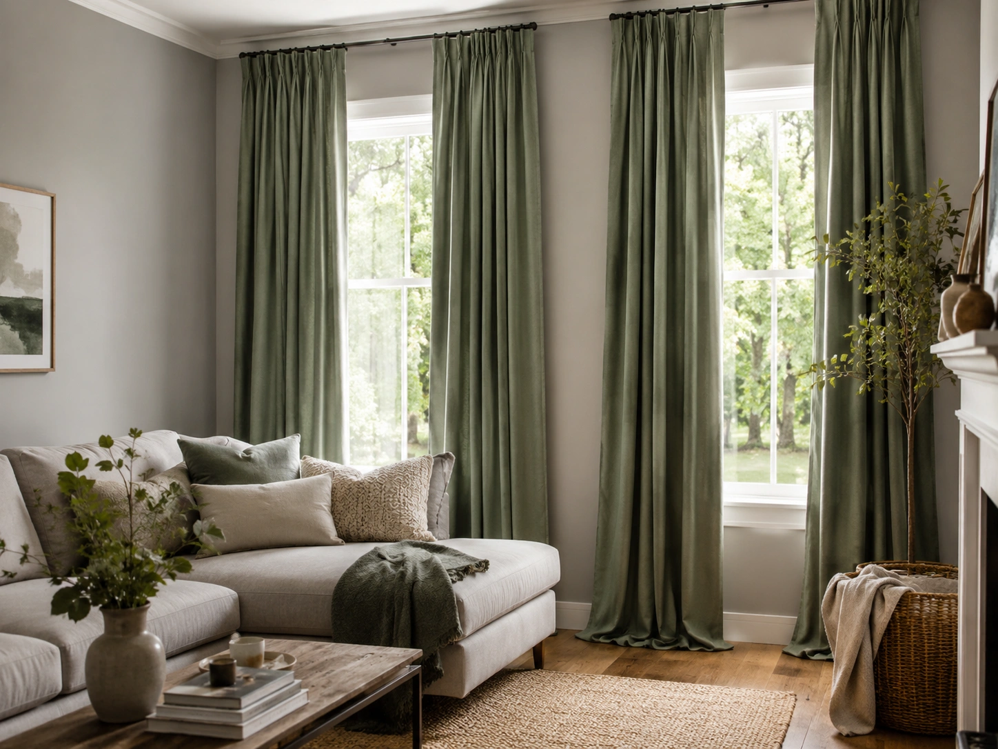 Sage green curtains framing windows in a dove grey living room with a neutral sofa and natural wood accents.